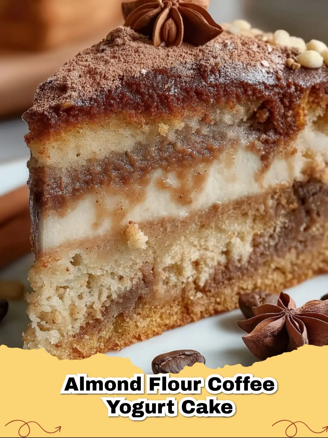 Delicious slice of gluten-free almond flour yogurt cake on a plate with berries