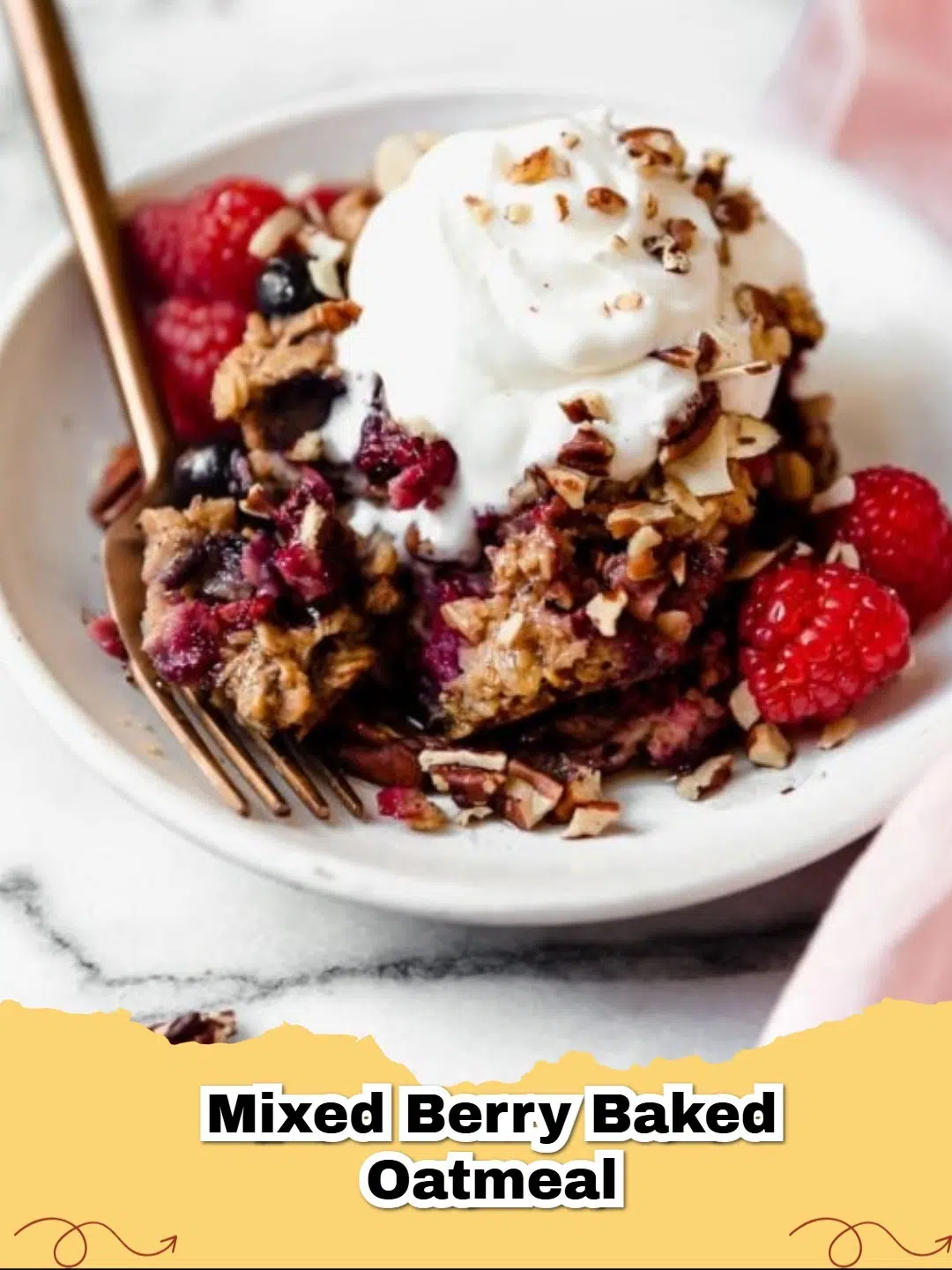 A square baking dish filled with golden-brown Gluten-Free Mixed Berry Baked Oatmeal, topped with fresh berries and a drizzle of maple syrup.