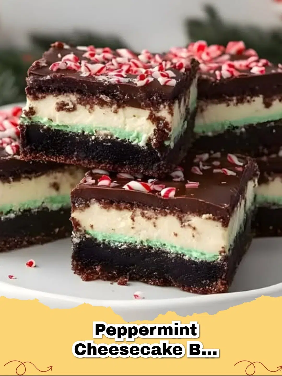 Festive gluten-free peppermint cheesecake bars with a candy cane garnish on a white plate, ready for serving.