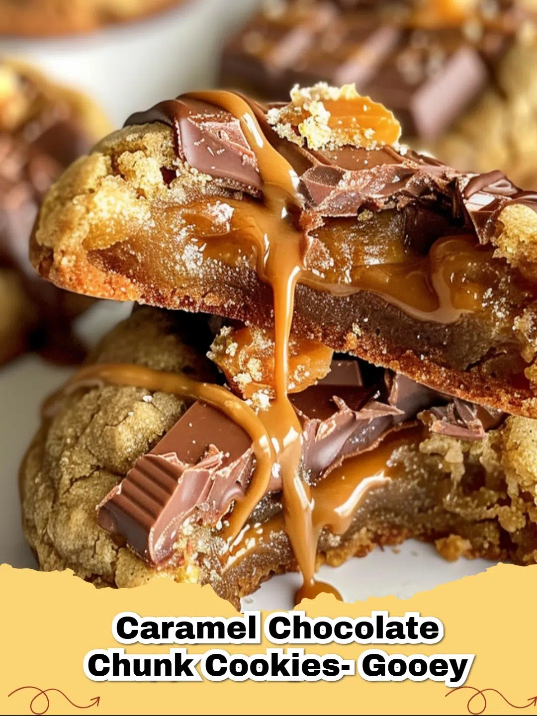 Irresistible Gooey Caramel Chocolate Chunk Cookies fresh out of the oven, with melted caramel and chocolate