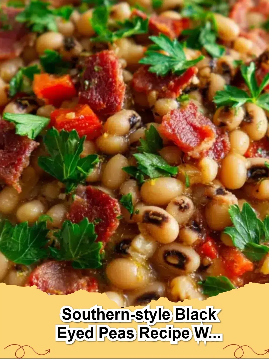Bowl of Southern-style black eyed peas with ham hock and cornbread