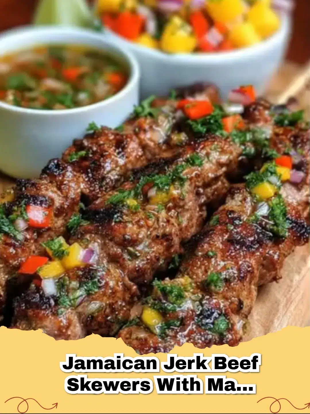 Grilled Jamaican Jerk Beef Skewers with vibrant orange mango salsa on a wooden board.