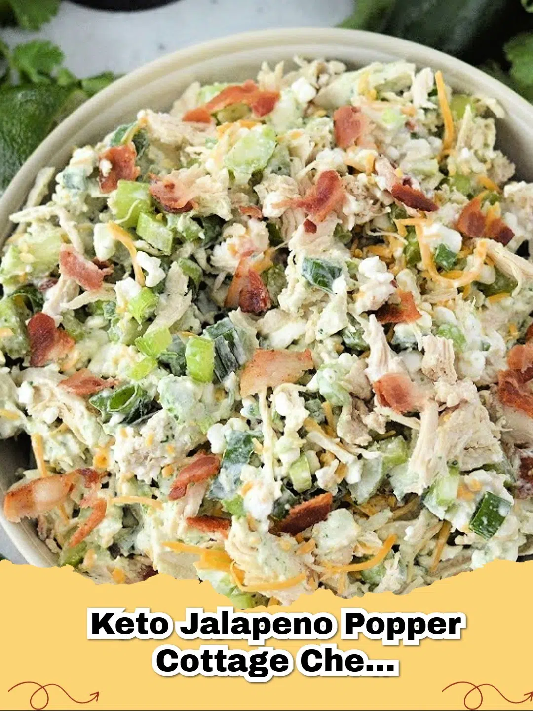 Close-up of a bowl of creamy Keto Jalapeno Popper Cottage Cheese Chicken Salad, garnished with fresh cilantro and extra jalapeno slices, showing texture of chicken, cheese, and bacon.