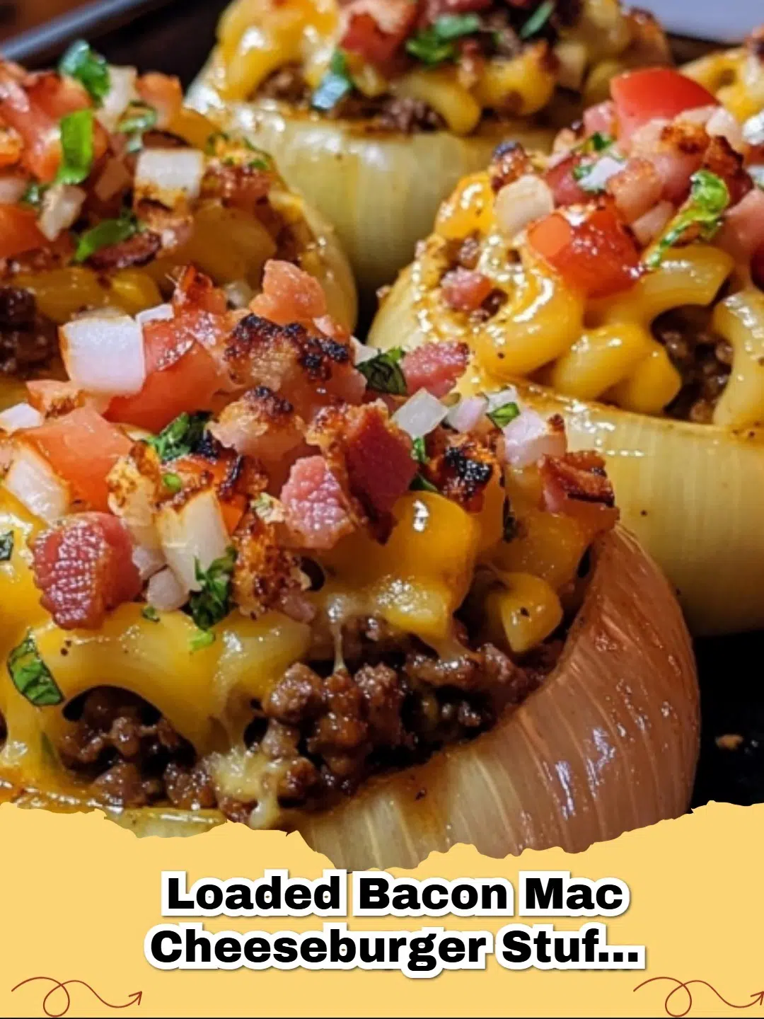 Delicious Loaded Bacon Mac Cheeseburger Stuffed Onion Bombs, golden brown and perfectly cooked, garnished with fresh herbs.