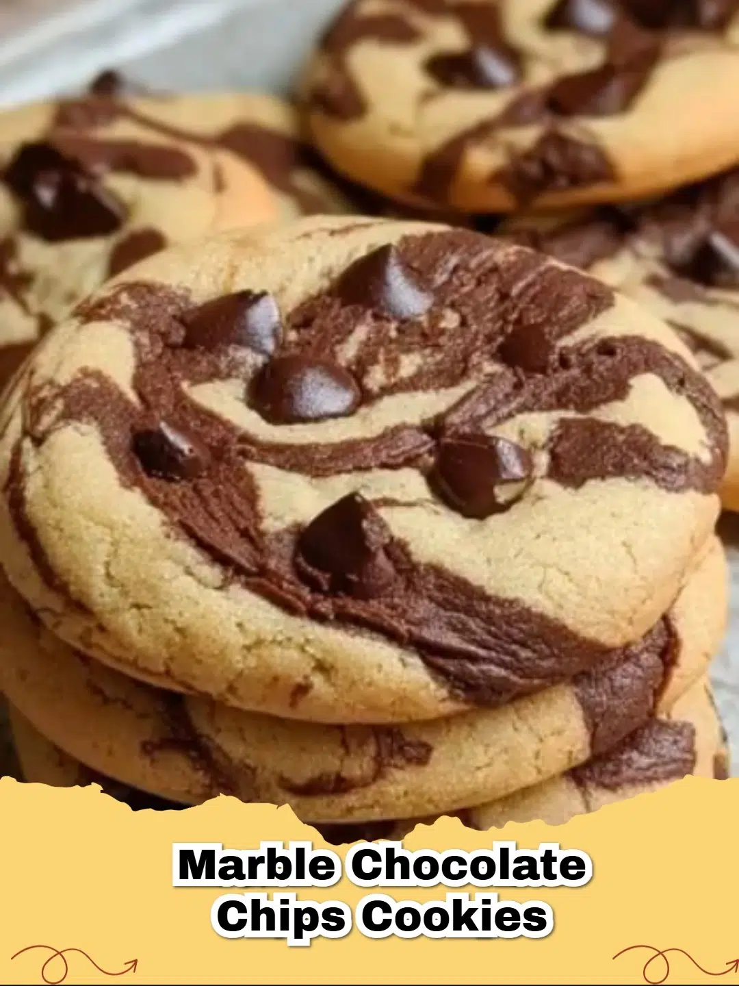 A close-up of a plate of freshly baked marble chocolate chip cookies with visible vanilla and chocolate swirls and melted chocolate chips.