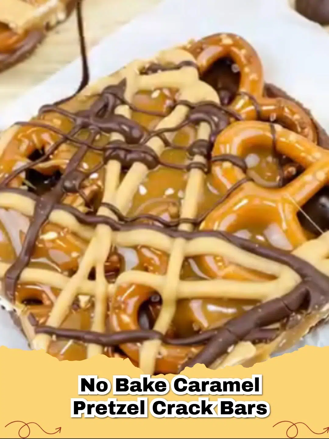 Decadent No Bake Caramel Pretzel Crack Bars stacked on a white plate