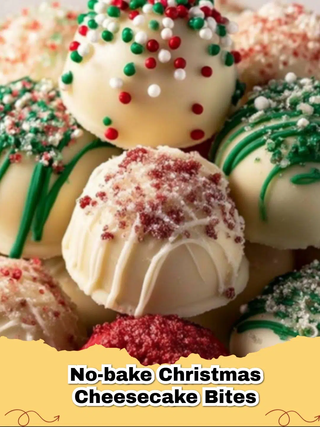 Festive No-Bake Christmas Cheesecake Bites decorated with red and green sprinkles on a holiday platter