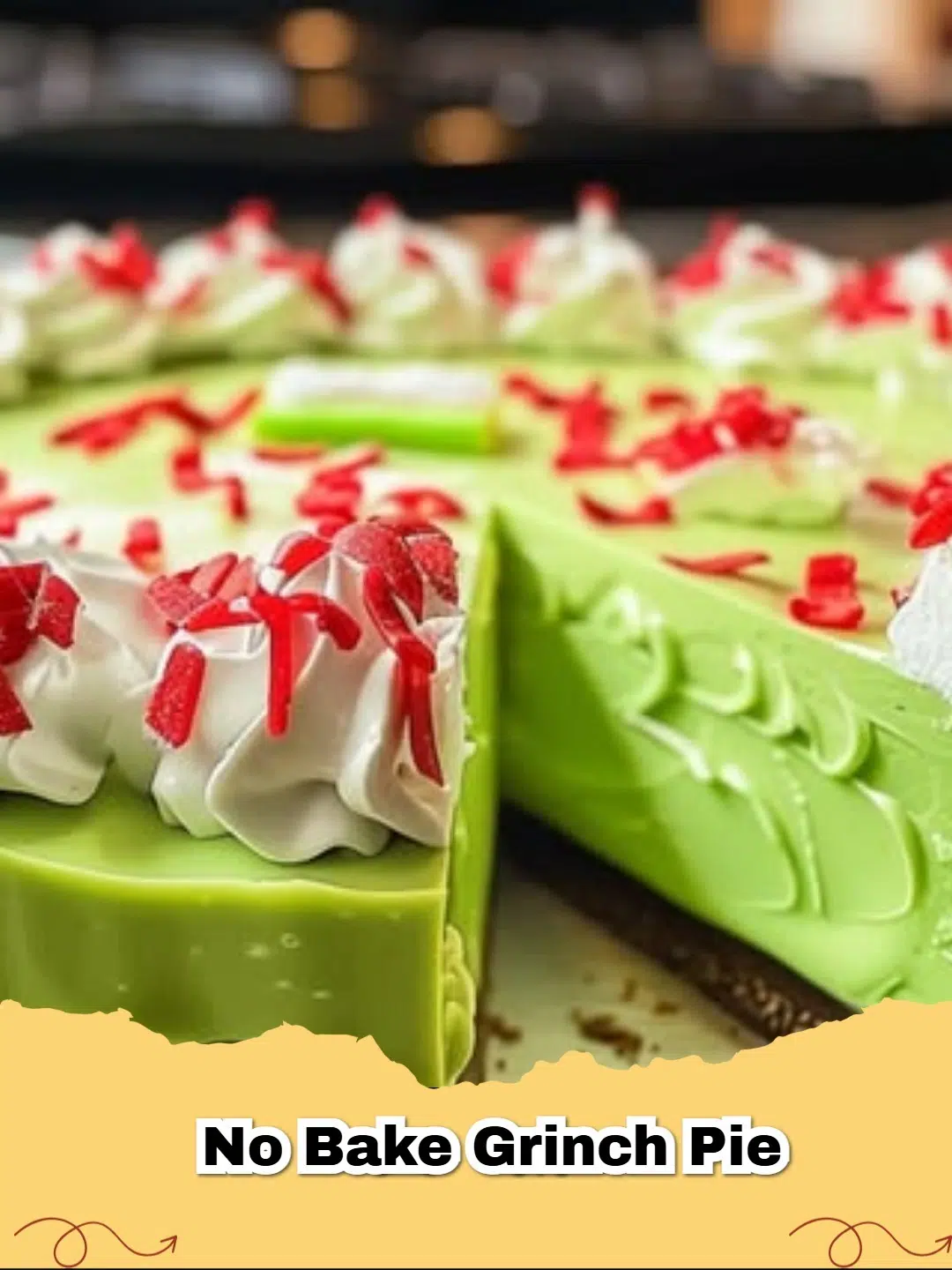 Delicious No-Bake Grinch Cream Cheese Pie, vibrant green and perfect for Christmas.