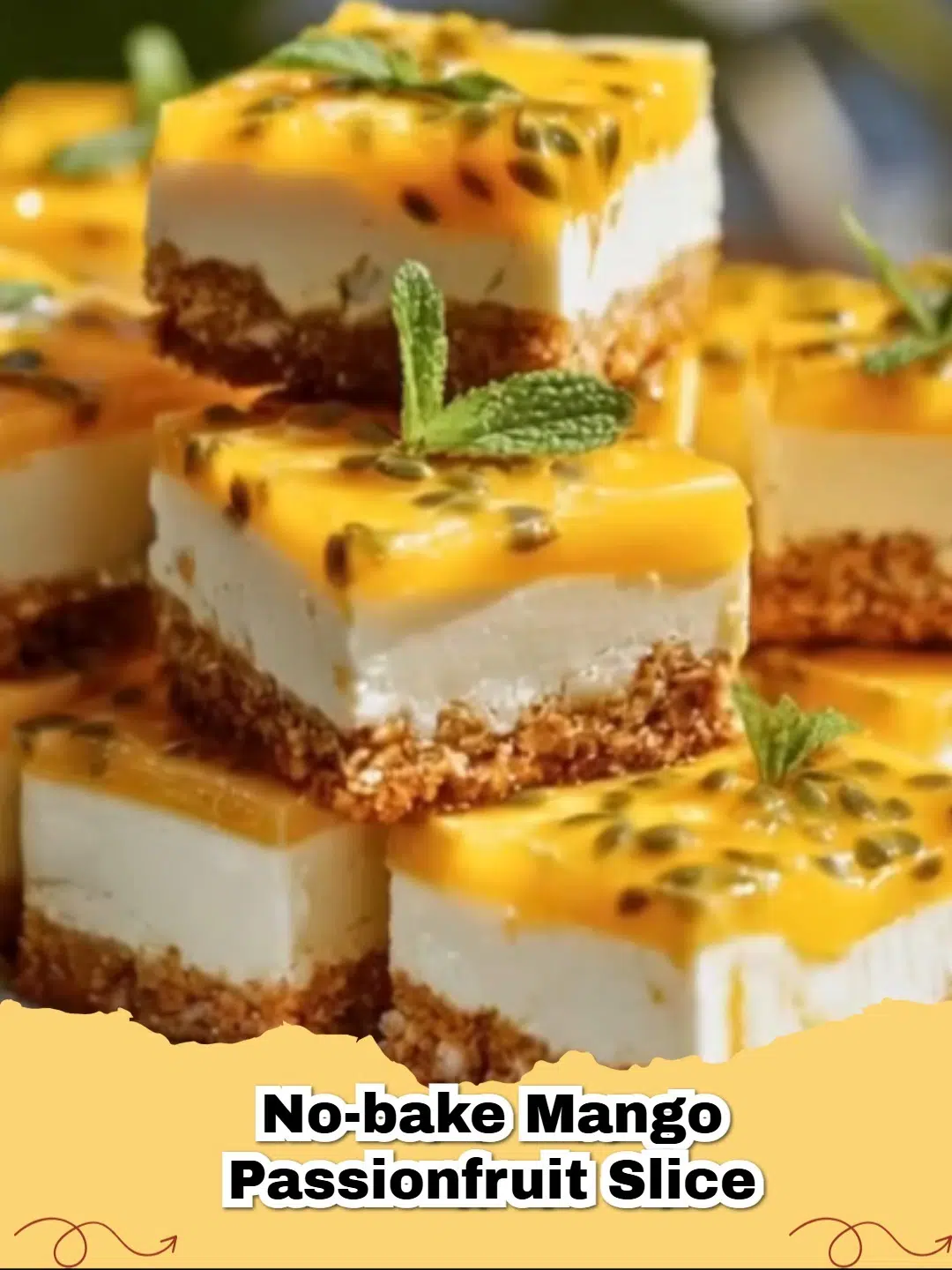 Delicious No-Bake Mango Passionfruit Slice with fresh fruit garnish