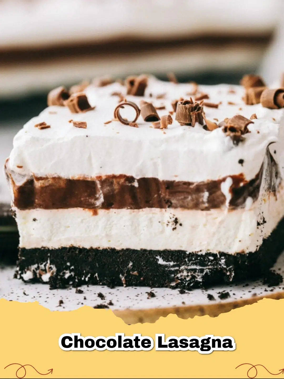 Decadent No-Bake Oreo Chocolate Lasagna with whipped topping and chocolate shavings