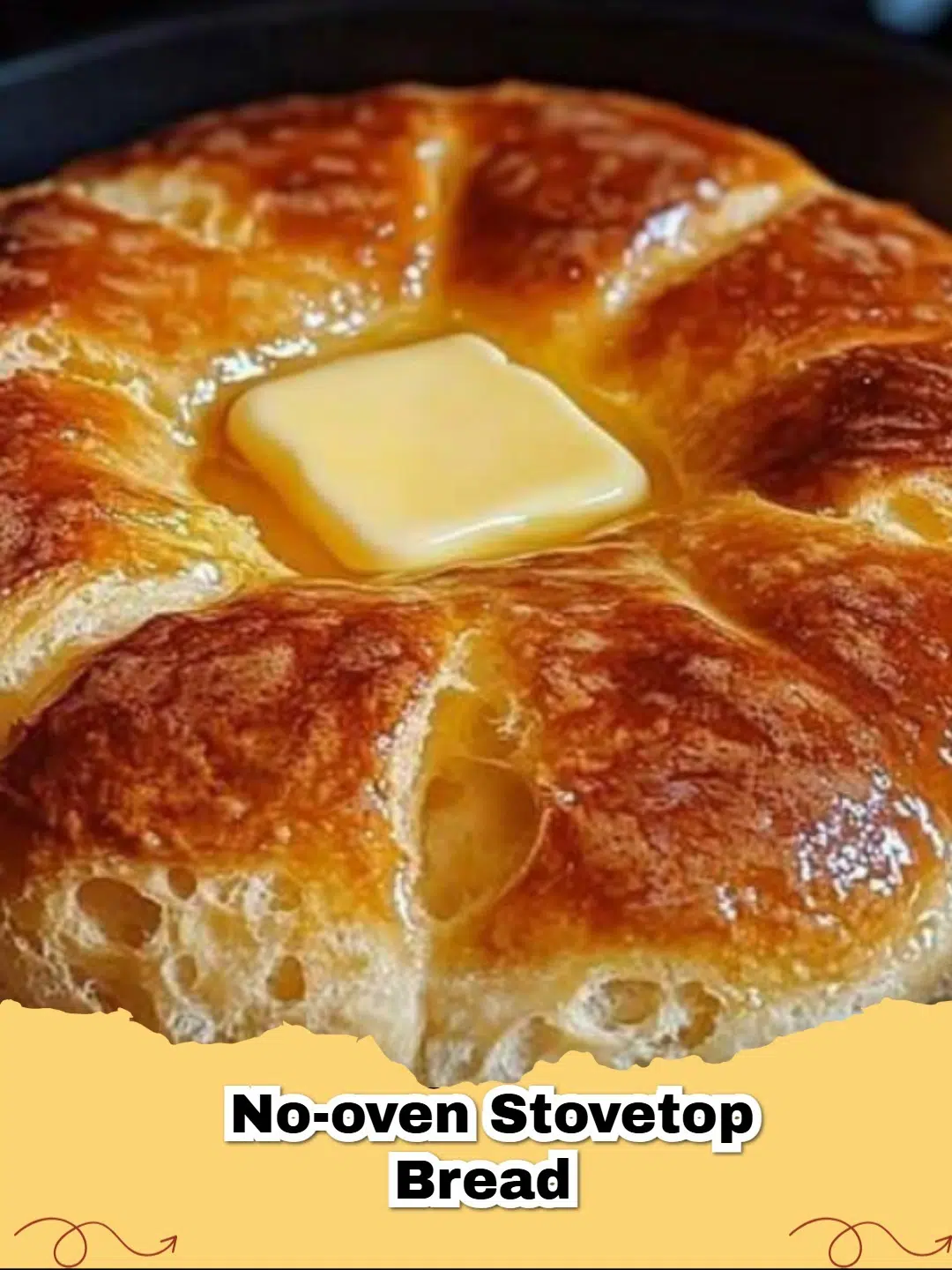 A golden-brown, crusty no-oven stovetop bread loaf on a cutting board, with slices removed.