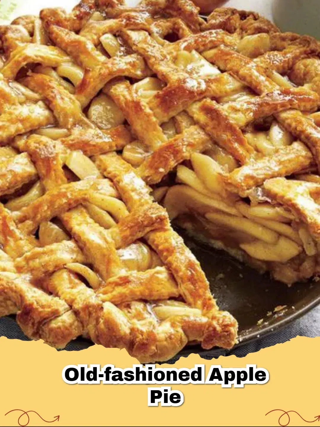 A golden brown old-fashioned apple pie on a cooling rack, with a slice removed revealing a delicious, spiced apple filling.