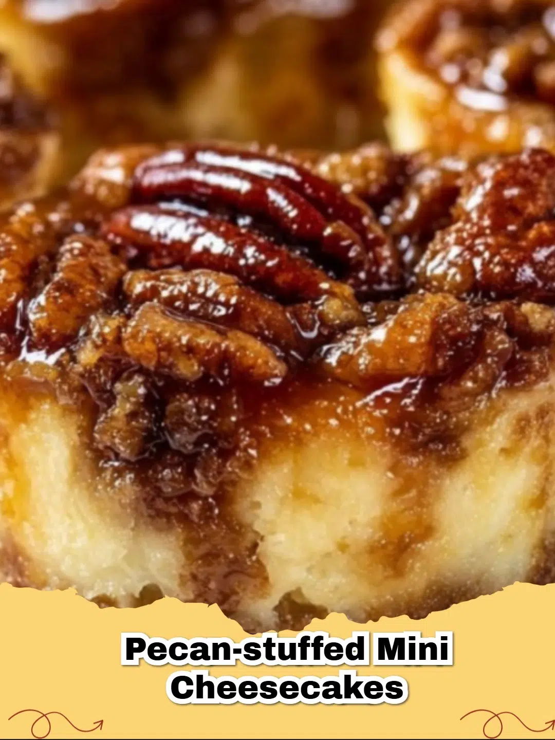 Delicious pecan-stuffed mini cheesecakes on a white platter, garnished with a whole pecan and a light drizzle of caramel.