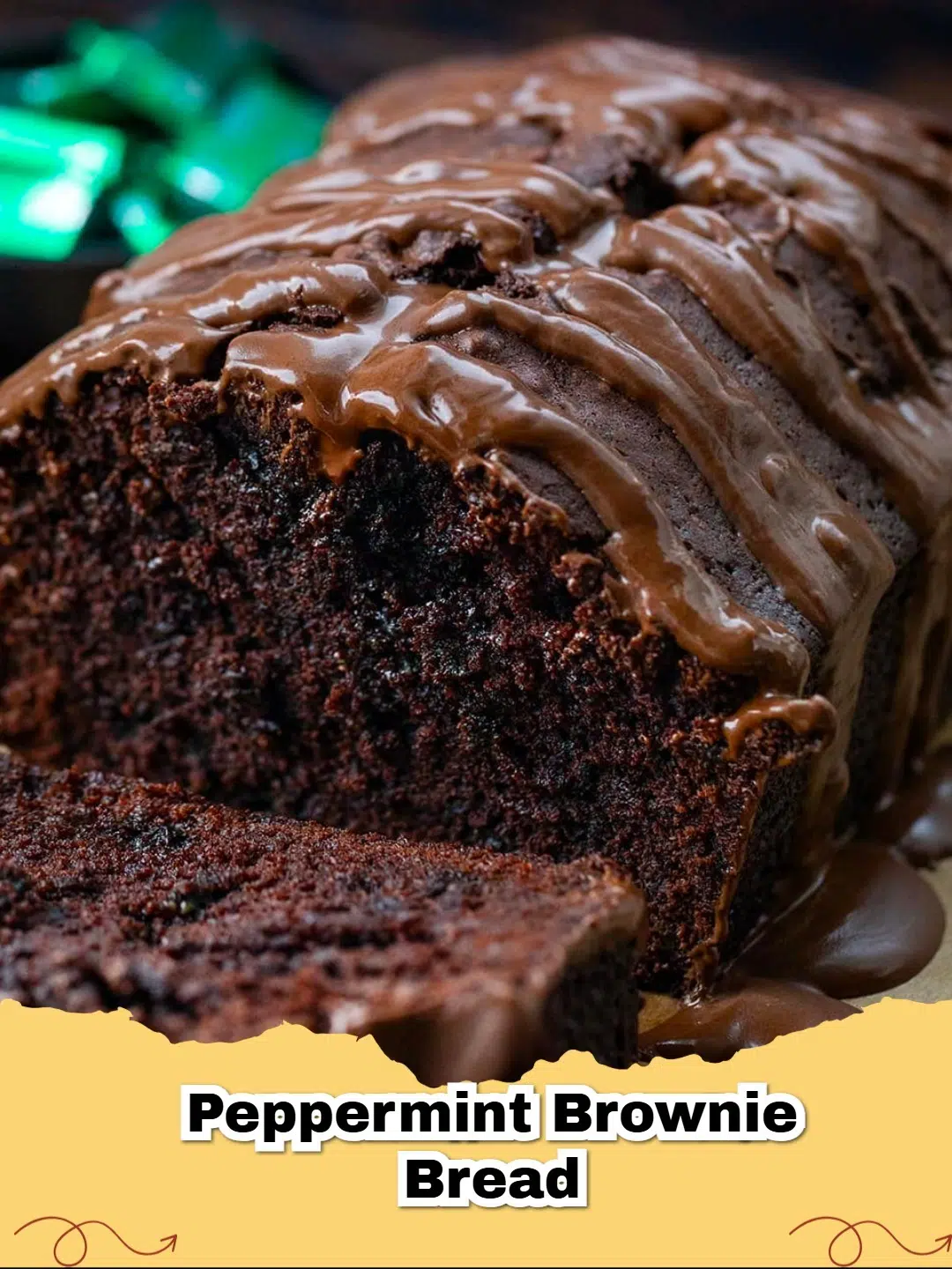 Slice of rich Peppermint Brownie Bread with a white peppermint glaze and crushed candy canes, ready to be served.