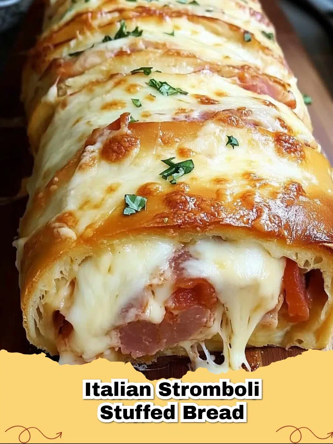 Delicious golden-brown Pillsbury Garlic Butter Stromboli on a cutting board, ready to be sliced, garnished with parsley.