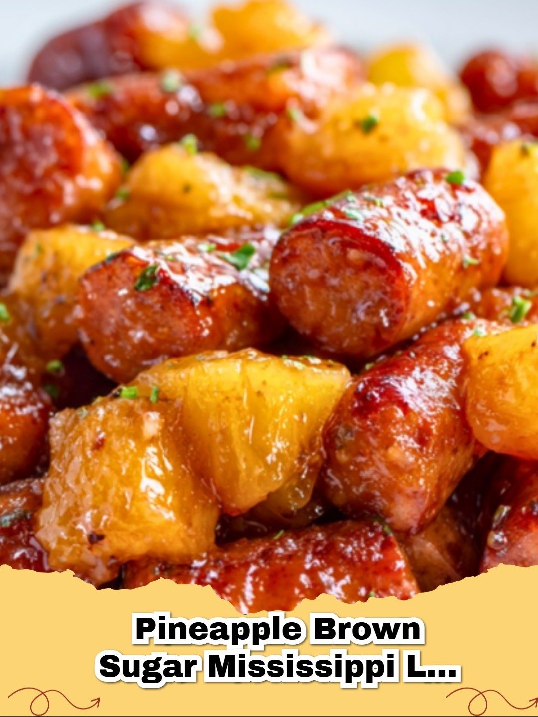 Slow cooker full of glistening pineapple brown sugar Mississippi Lil' Smokies bites with toothpicks for serving