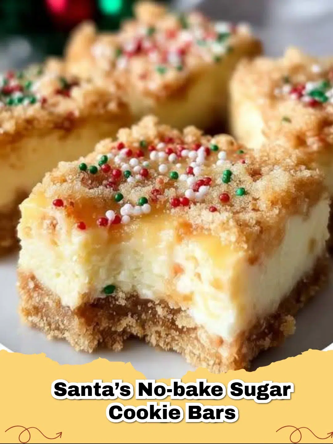 Festive Santa's No-Bake Sugar Cookie Bars topped with colorful sprinkles, perfect for Christmas dessert.