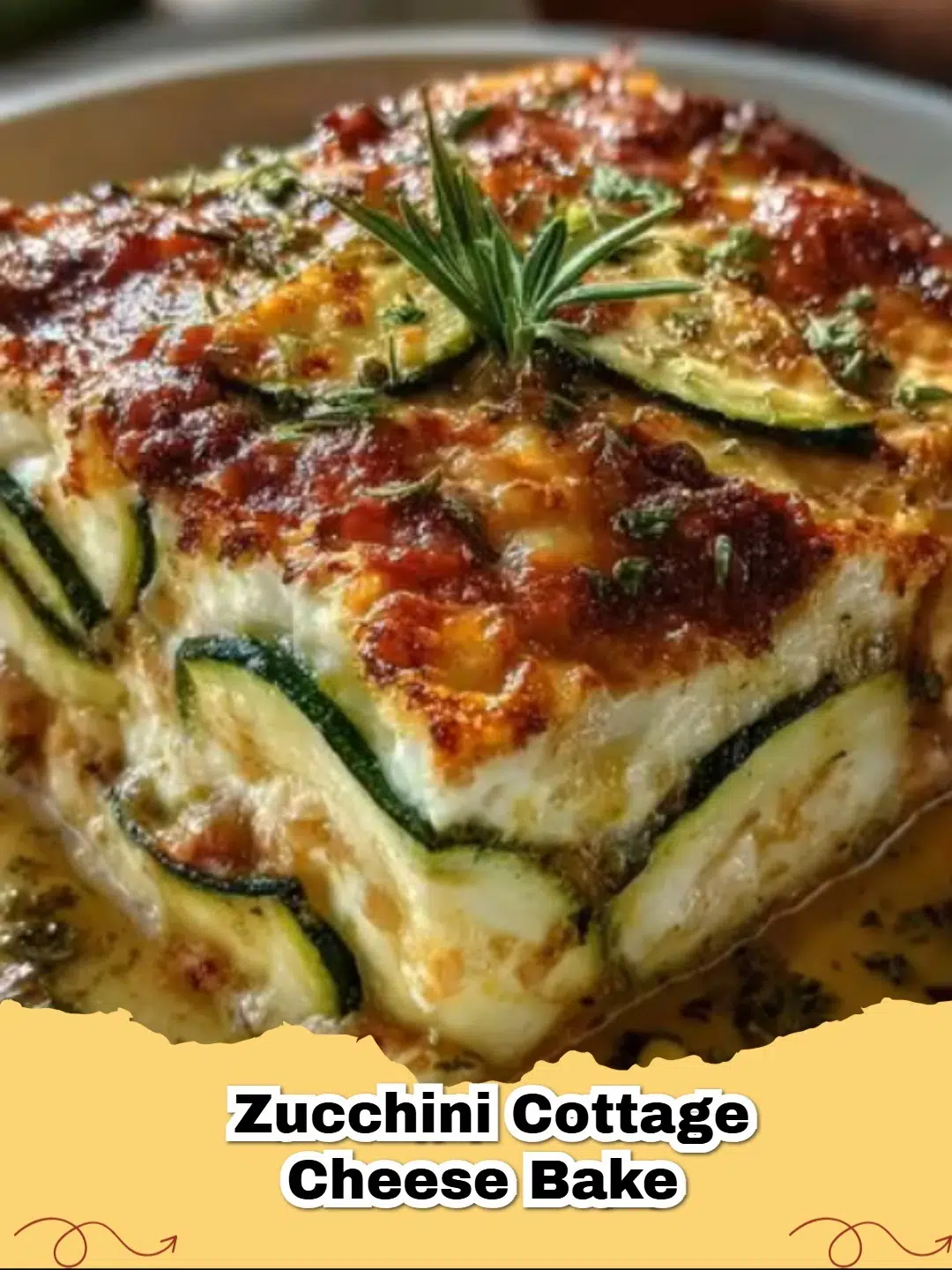 Golden brown Zucchini Cottage Cheese Bake in a casserole dish, fresh from the oven, with a slice removed to show creamy texture.