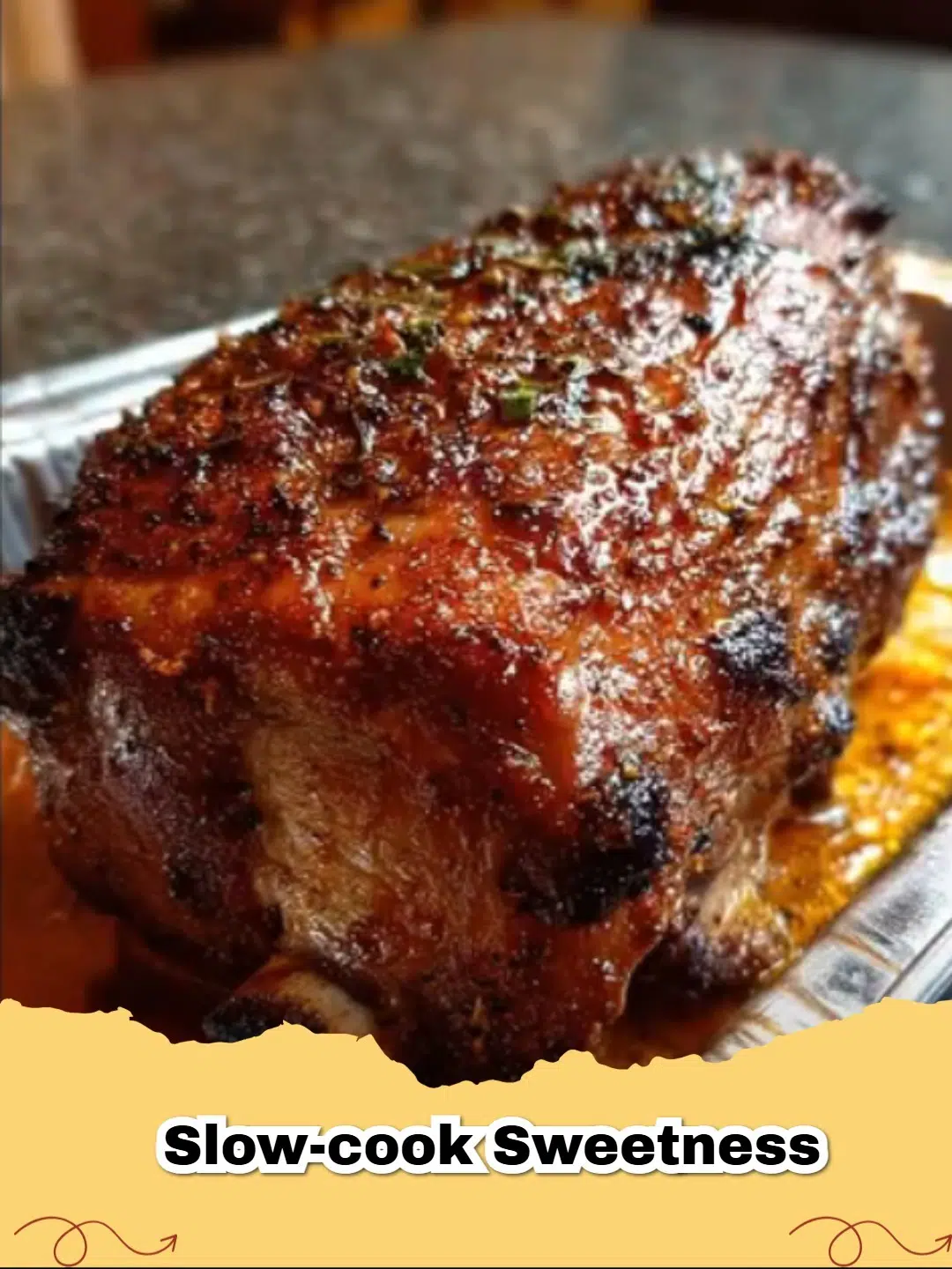 A close-up of Slow Cooker Caramel Apple Crisp in a ceramic bowl, topped with melting vanilla ice cream.