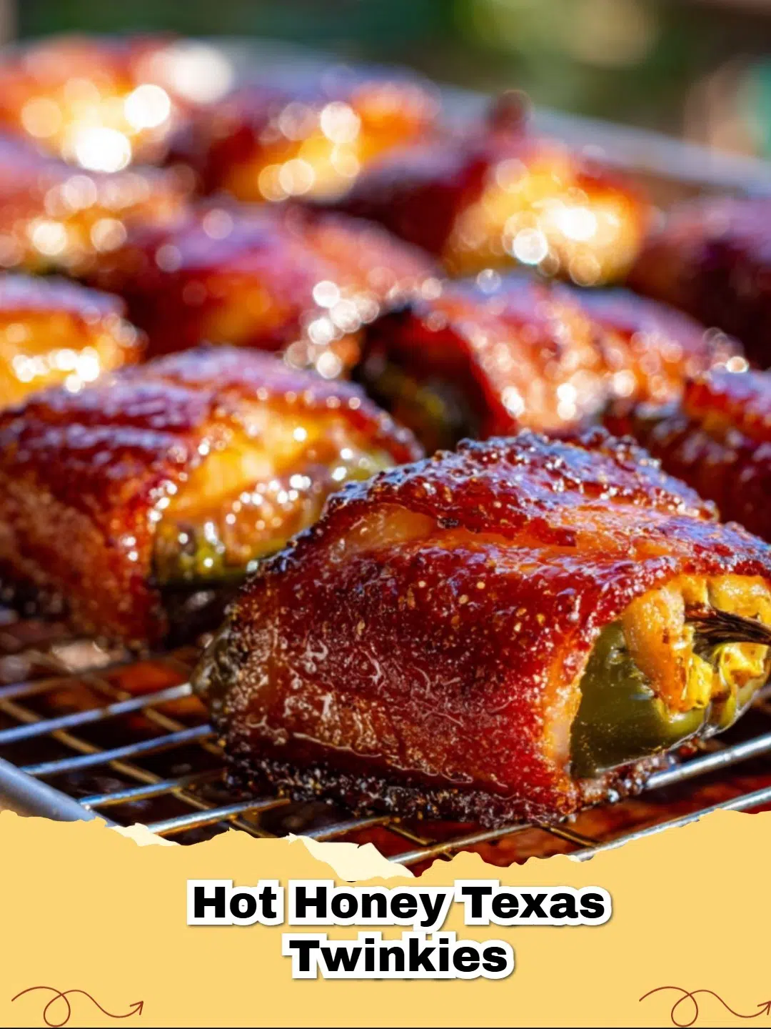 Smoked Brisket Hot Honey Texas Twinkies on a smoker grill with a golden glaze.