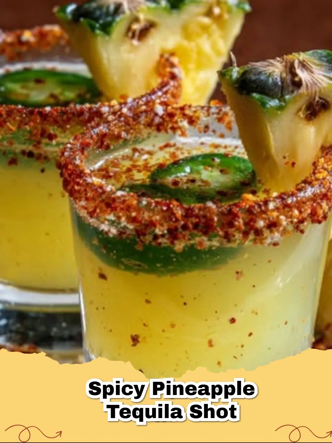Fiery Spicy Pineapple Tequila Shot with chili-lime rim, garnished with pineapple.