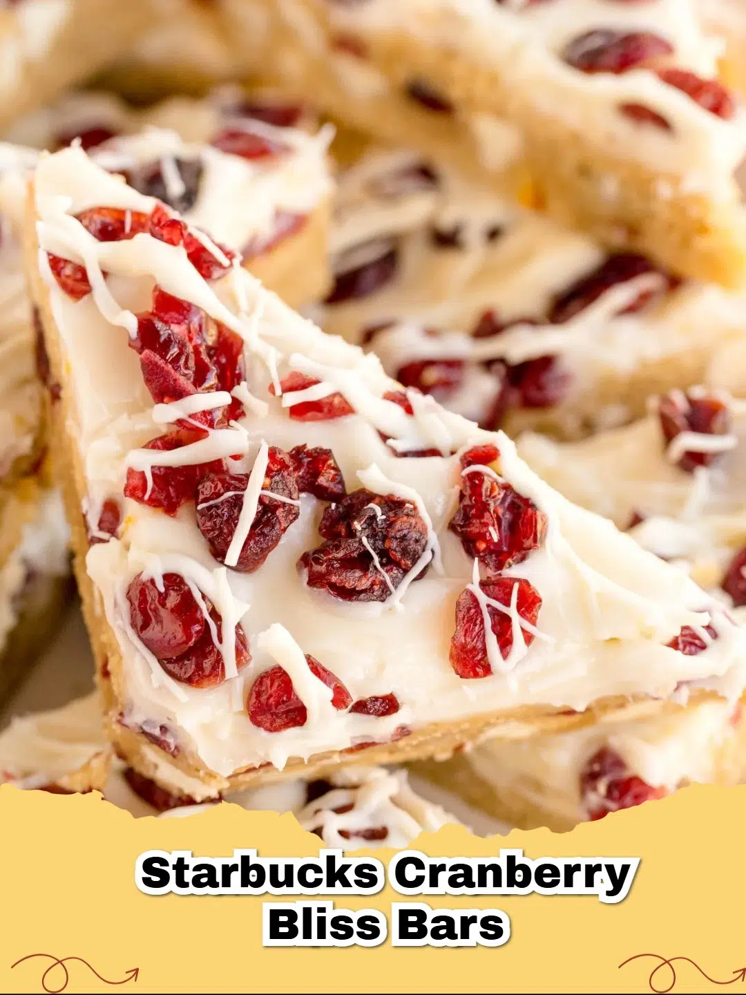 Starbucks White Chocolate Cranberry Bliss Bars with cream cheese frosting and dried cranberries.