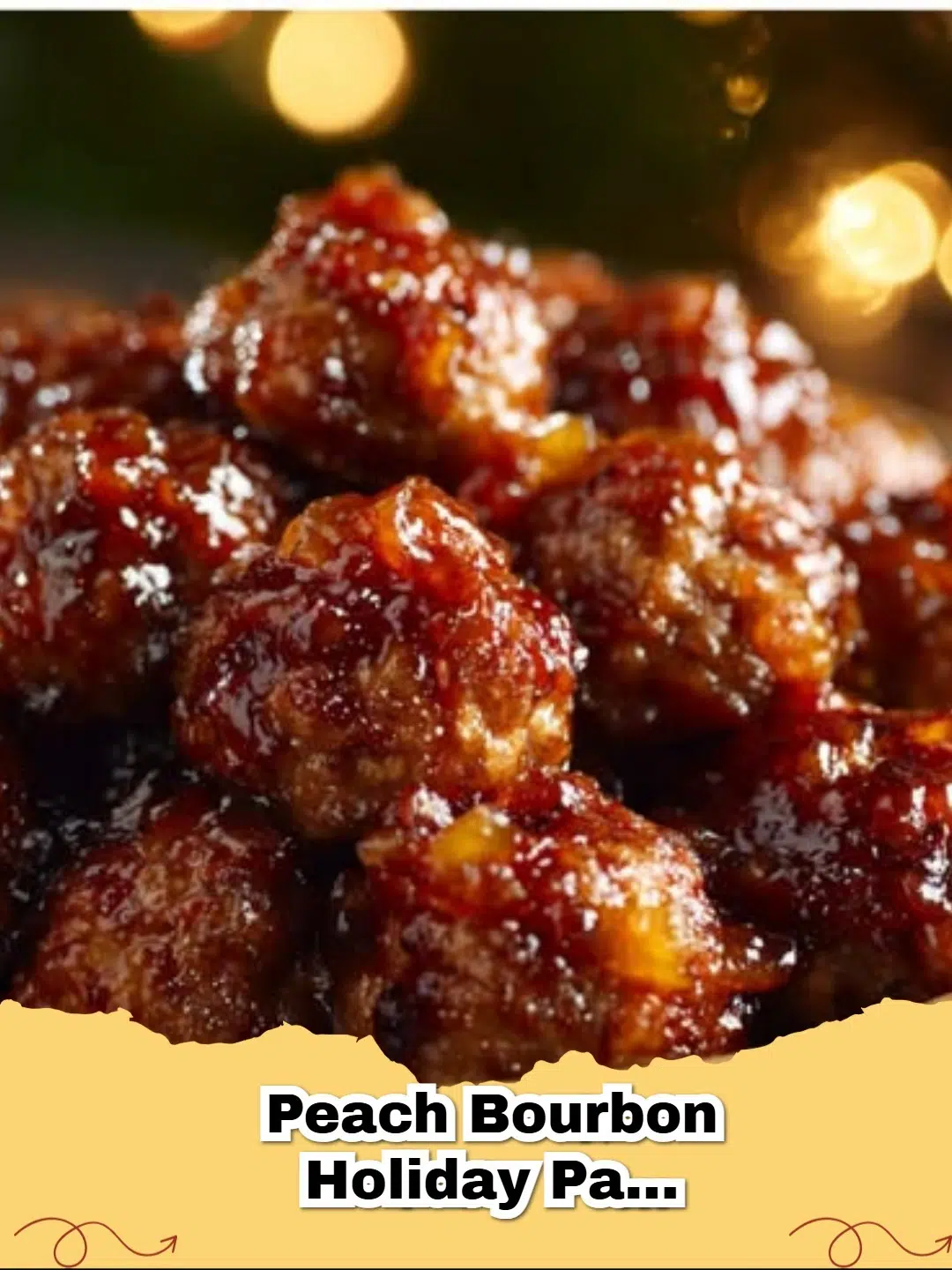 Close-up of sticky peach bourbon holiday party meatballs in a serving dish, garnished with fresh herbs.