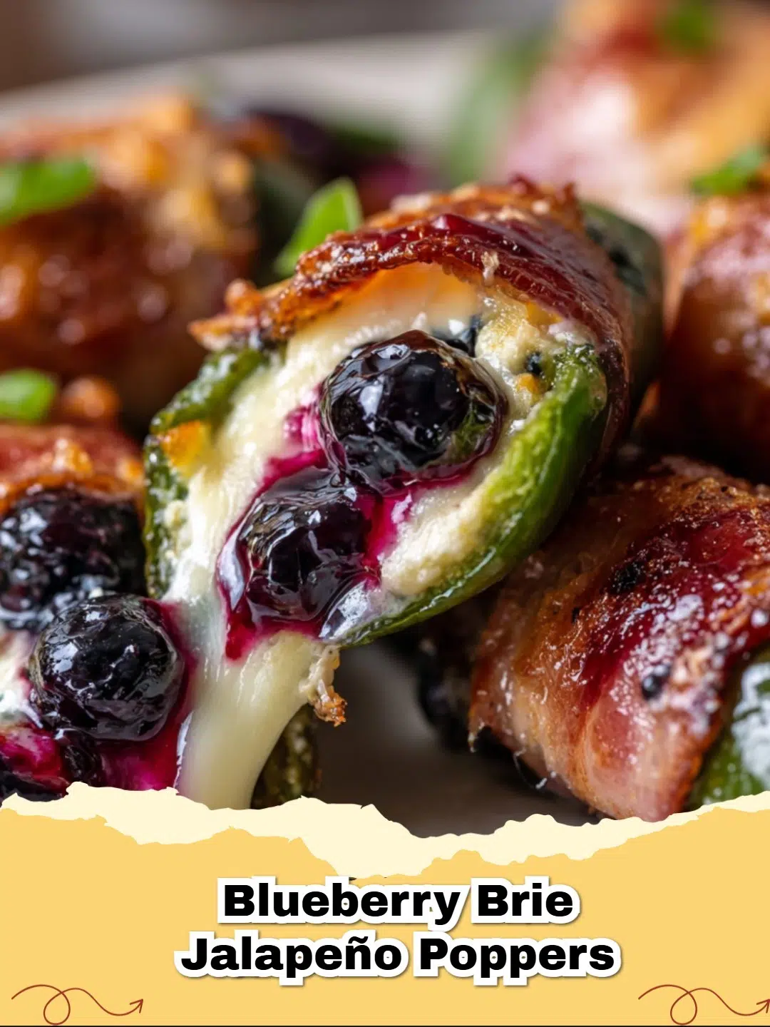 Close-up of grilled Sweet & Spicy Blueberry Brie Jalapeño Poppers wrapped in bacon with melted brie and blueberries peeking out.