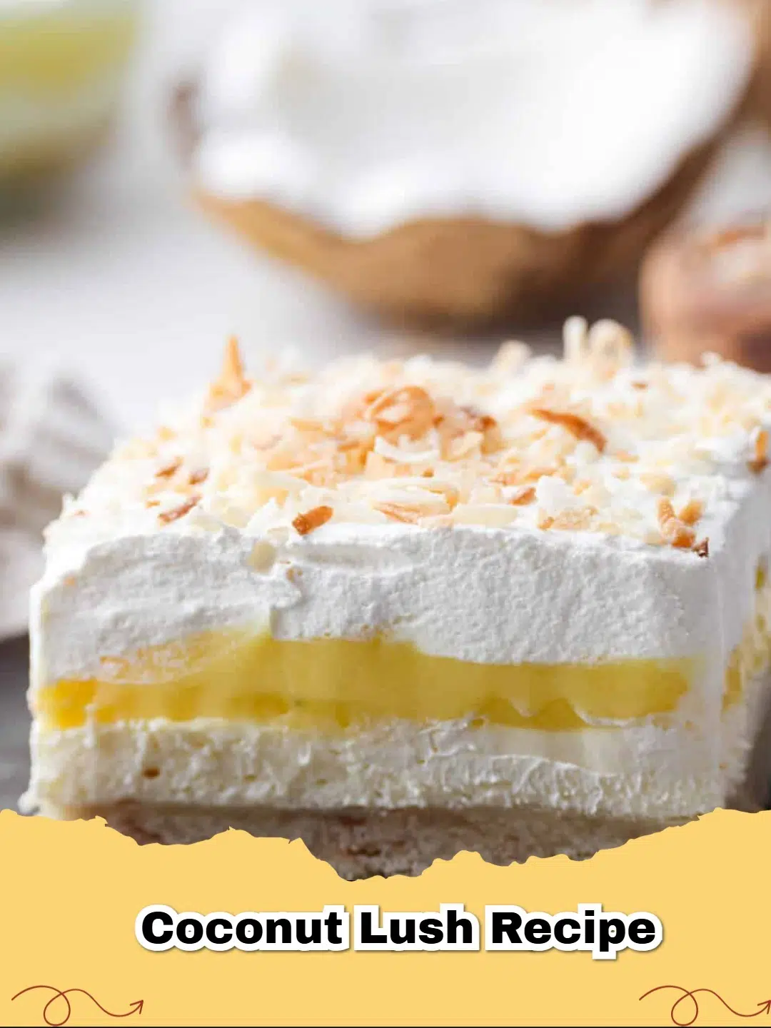 A square slice of Toasted Coconut Cream Cheese Lush on a white plate, garnished with toasted coconut flakes and a hint of mint.