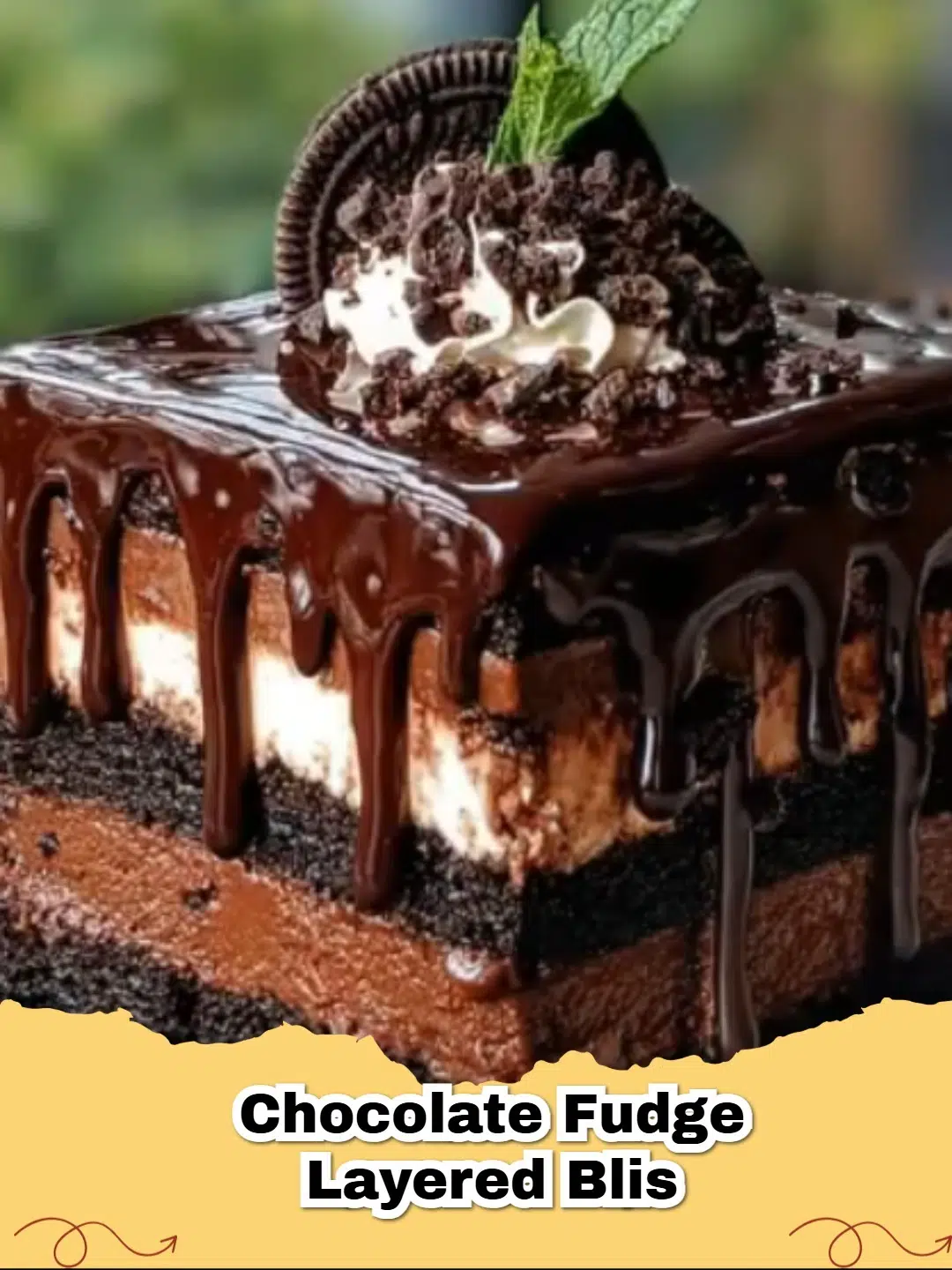 A stunning two-layer chocolate fudge cake with rich, dark fudge frosting on a white cake stand.