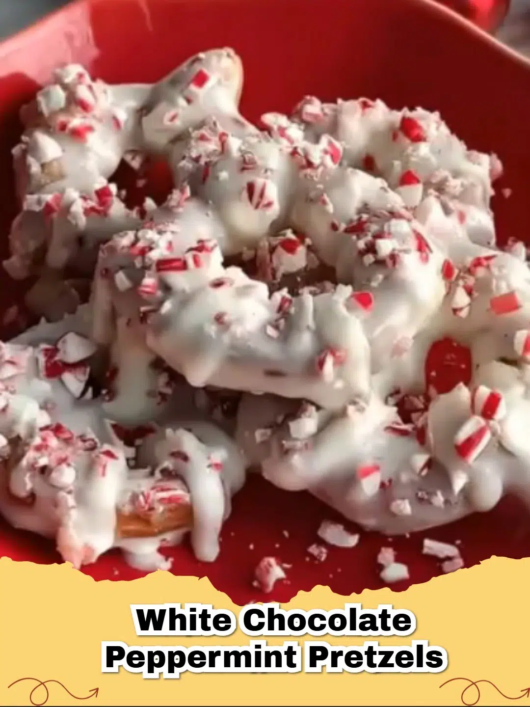 Festive white chocolate peppermint pretzels on a platter, ready for holiday enjoyment.