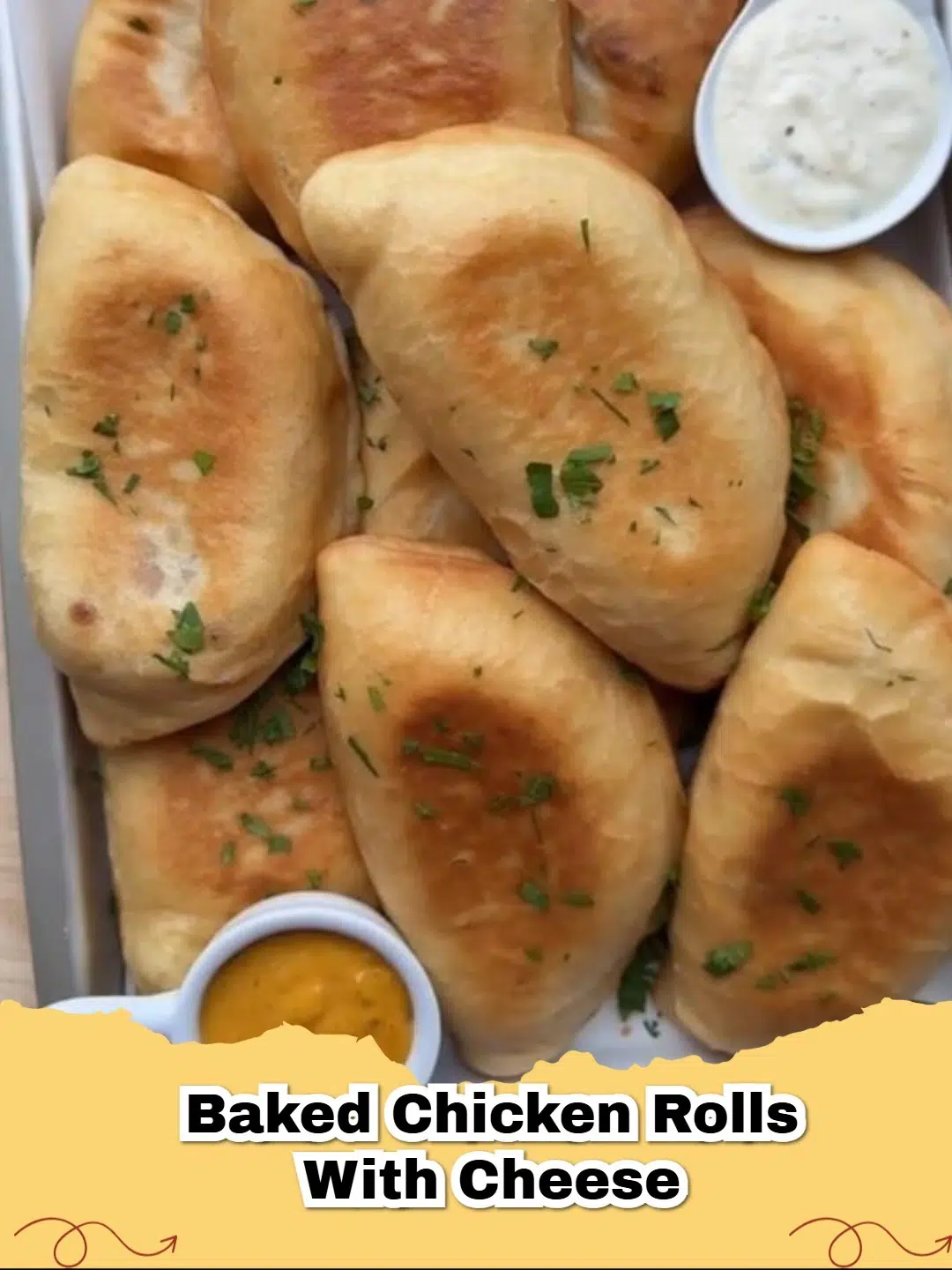 A plate of golden brown Baked Chicken Rolls with Cheese sliced to show melted cheese inside.