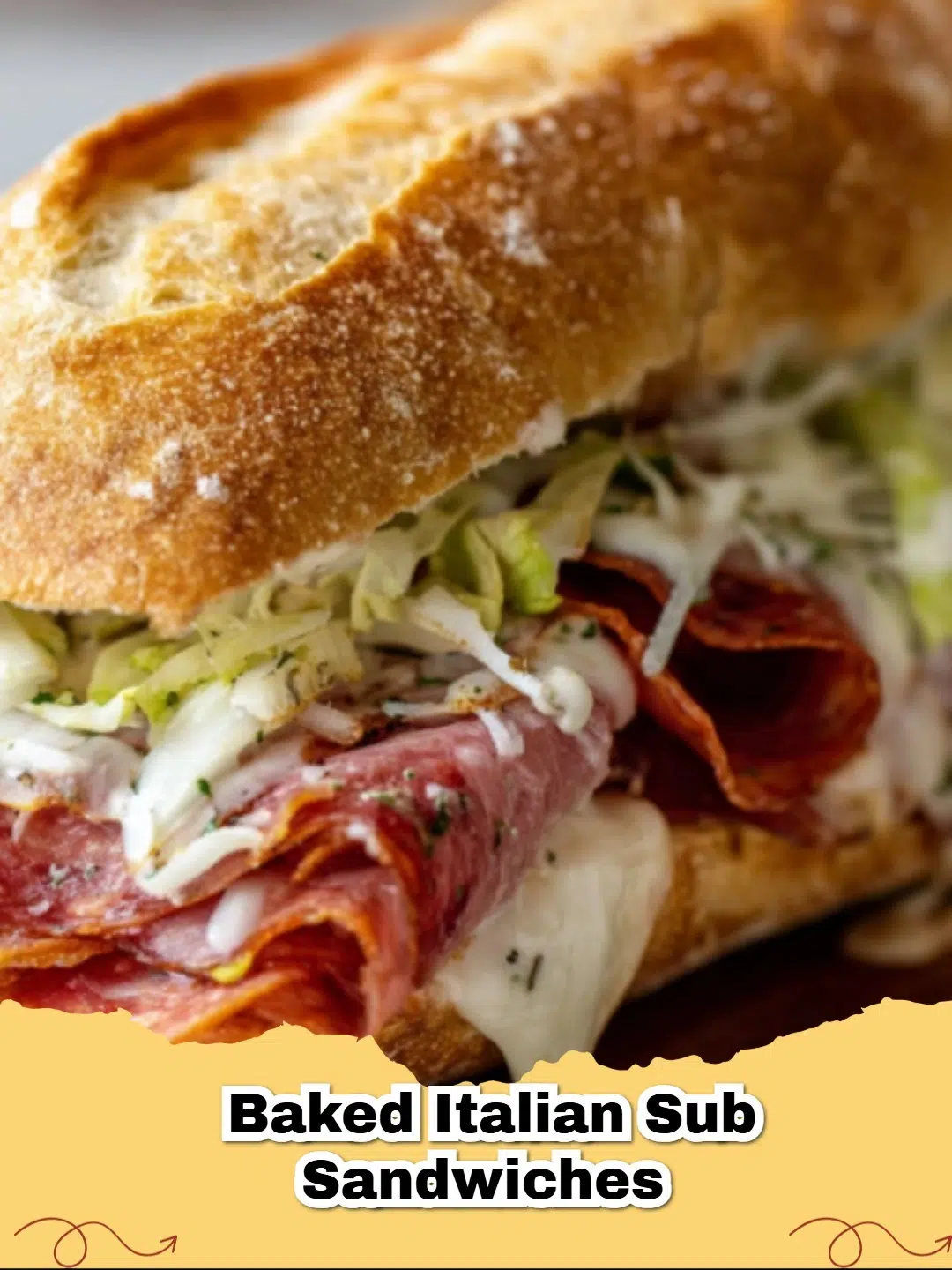 Close-up of a perfectly golden-brown baked Italian sub sandwich, with melted provolone cheese, deli meats, and fresh vegetables spilling out, ready to eat.