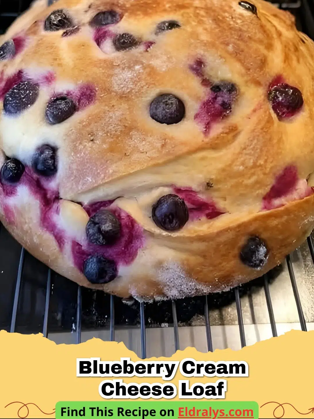 A freshly baked Blueberry Cream Cheese Sourdough Bread Loaf with visible berries and cheese pockets.