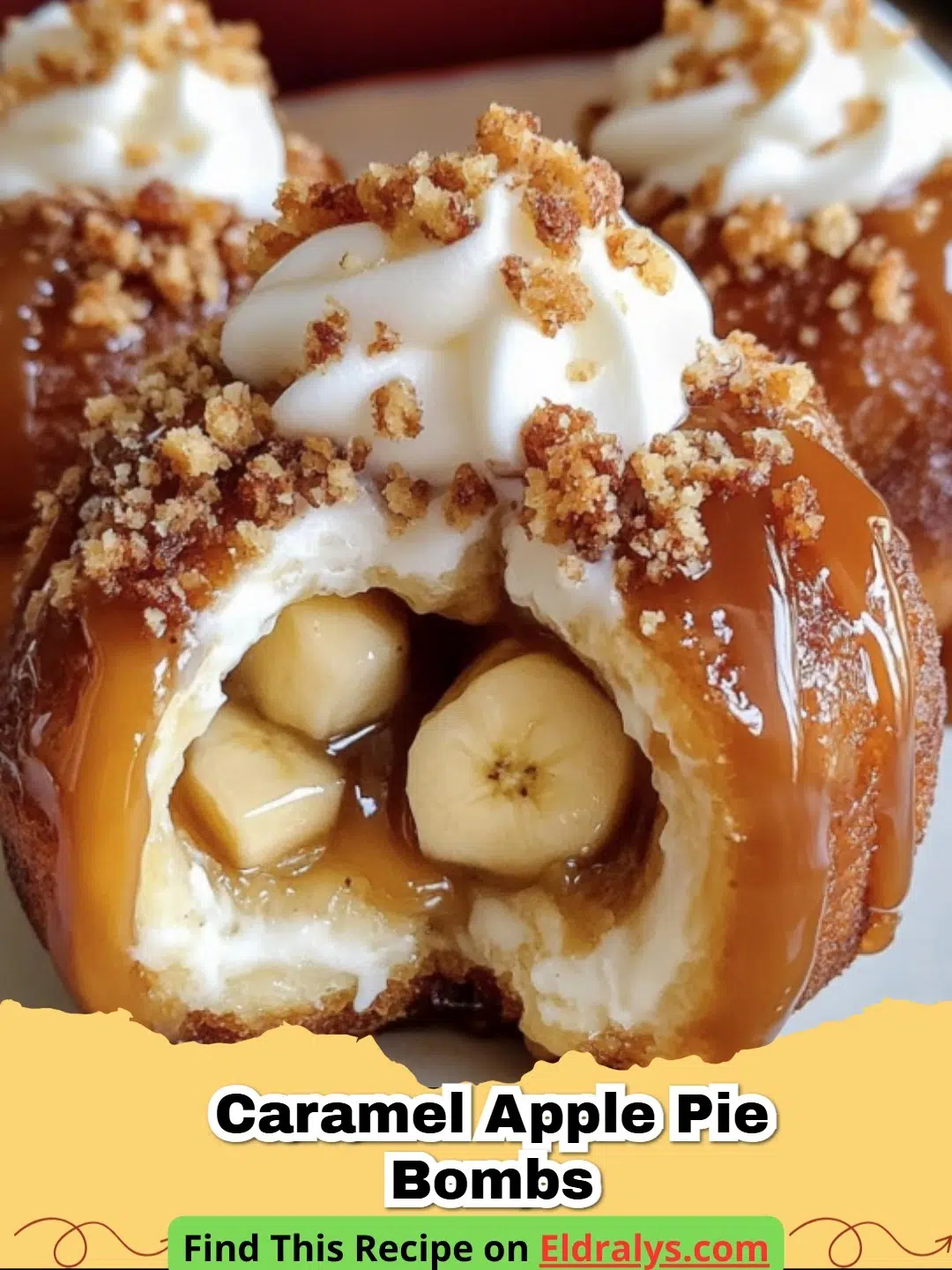 Golden brown Caramel Apple Pie Bombs with a gooey caramel center on a wooden plate.