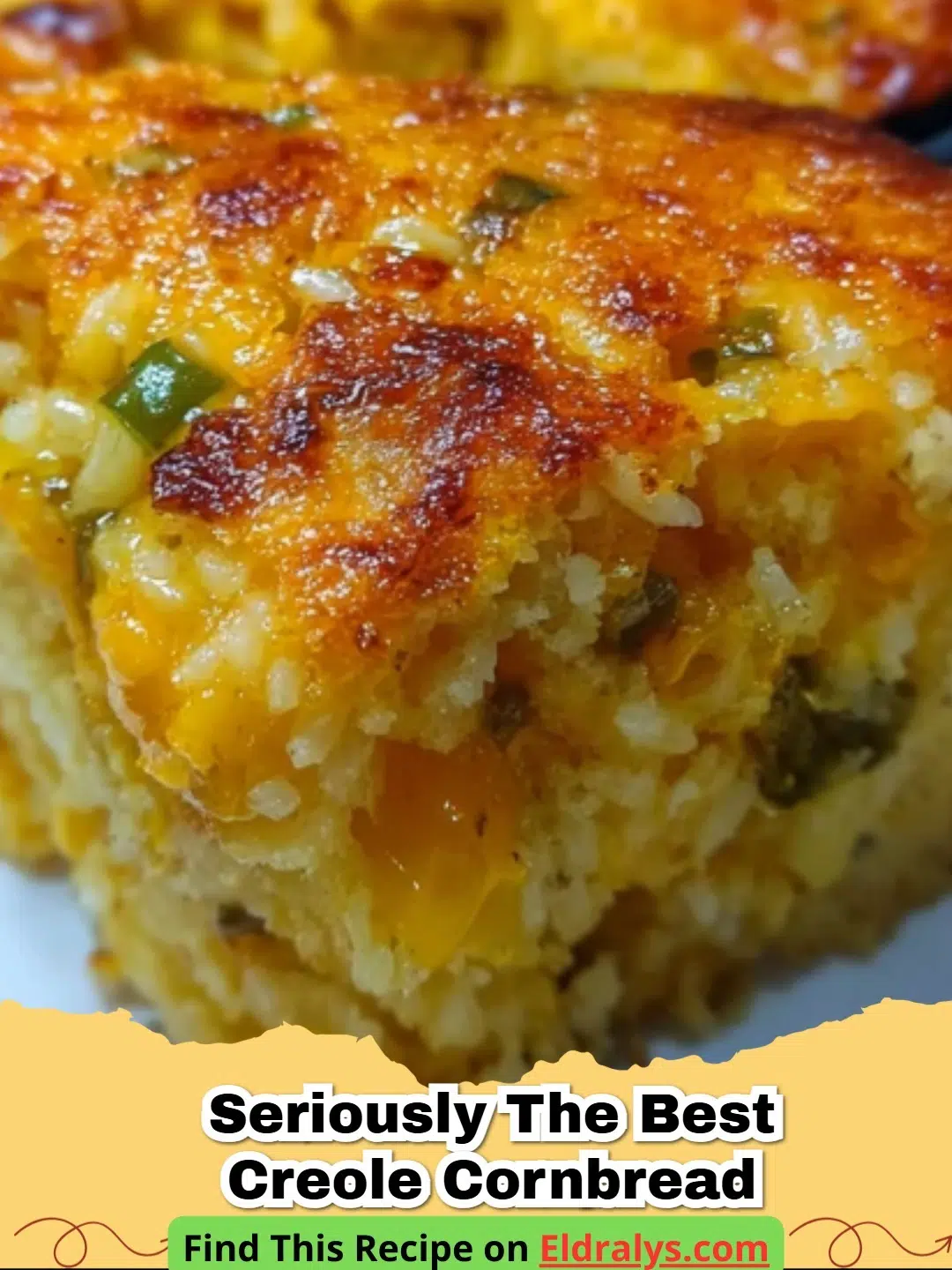 A golden brown slice of Cheesy Creole Rice Cornbread showing the moist texture and melted cheese.