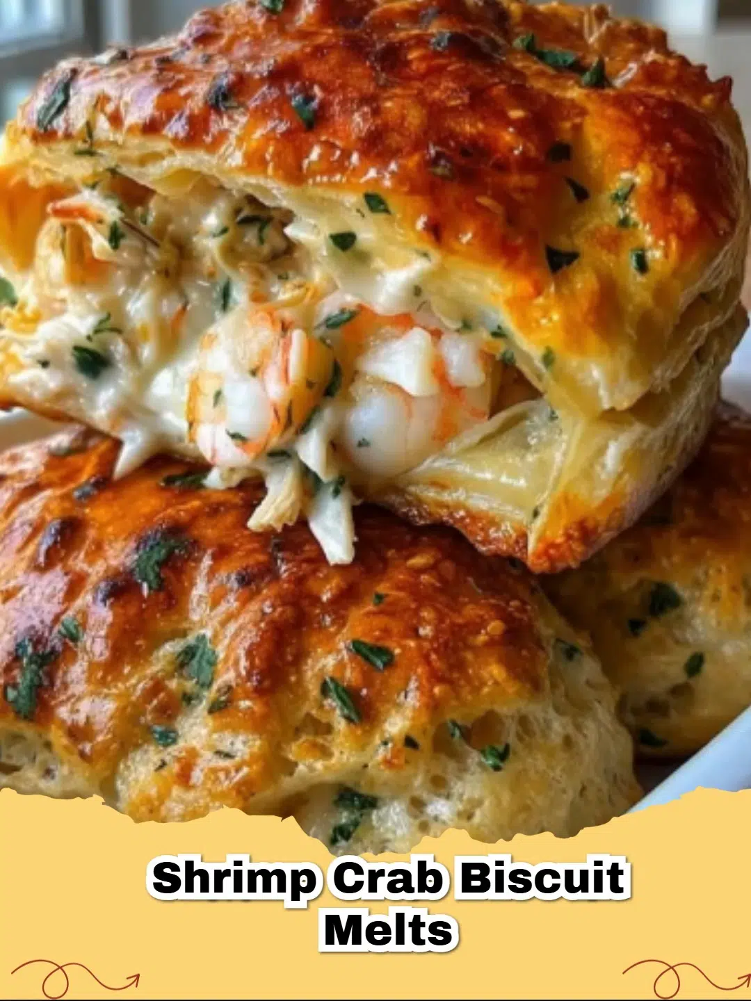 Golden brown Cheesy Shrimp and Crab Biscuit Melts on a parchment-lined baking sheet, freshly baked and ready to serve.