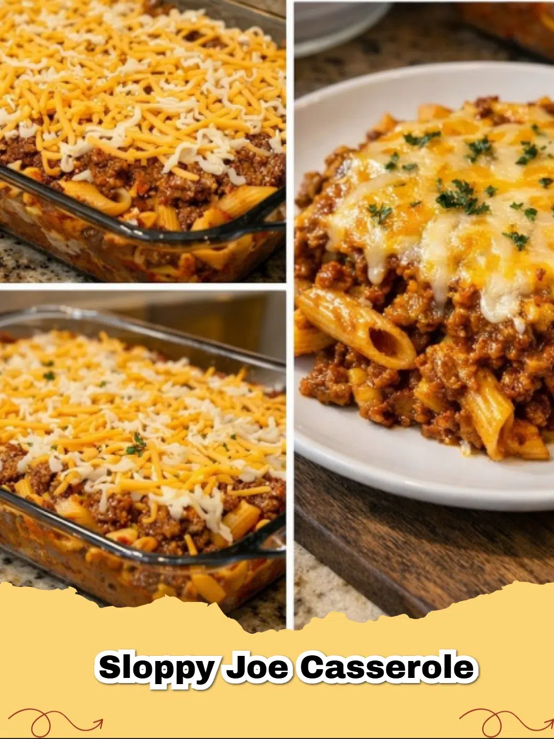 A close-up shot of Cheesy Sloppy Joe Pasta Casserole with melted golden cheddar and bowtie pasta.