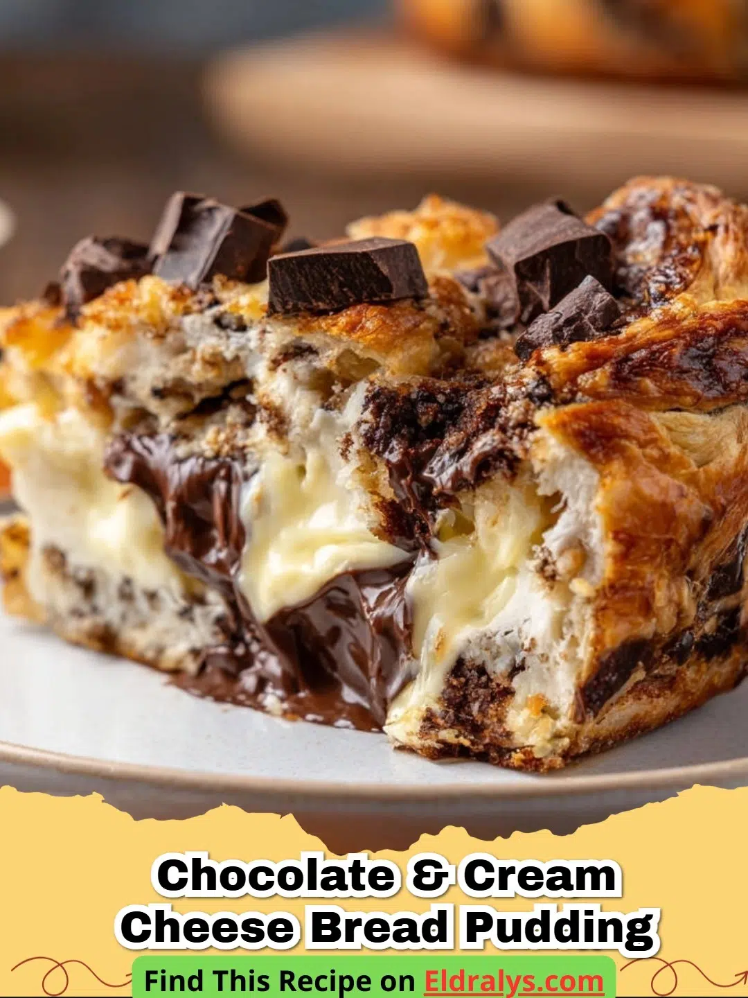 A close-up shot of Chocolate Cream Cheese Bread Pudding with melted chocolate and cream cheese pockets.