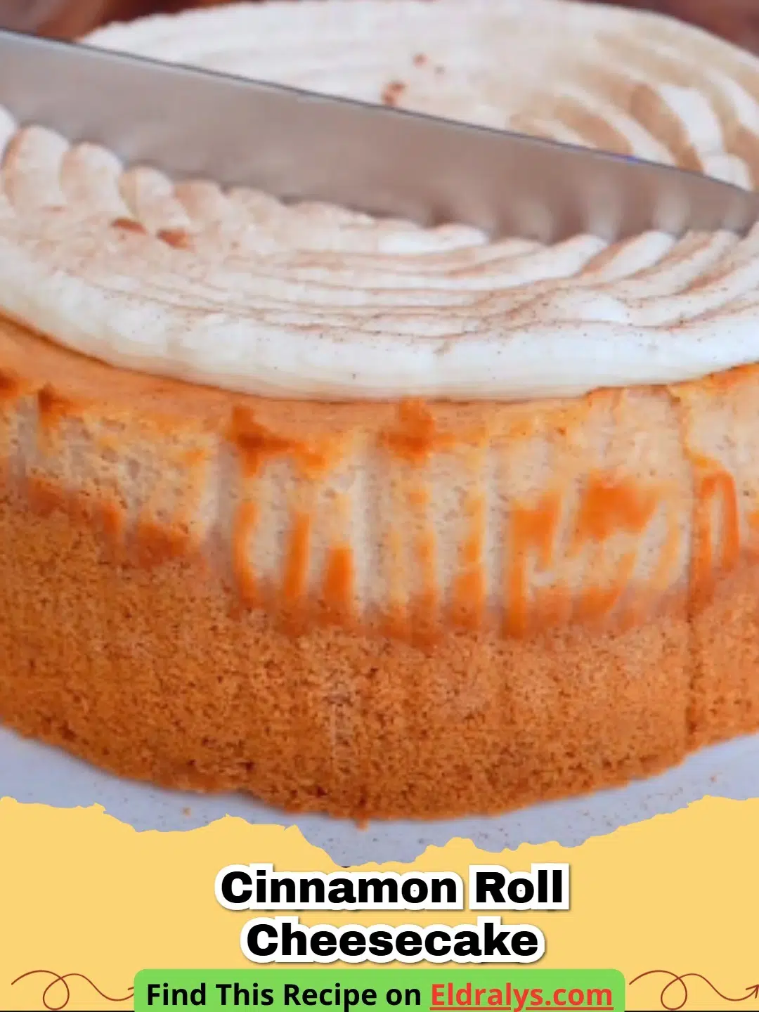 A thick slice of Cinnamon Roll Cheesecake showing the beautiful cinnamon swirl layers and cream cheese glaze.