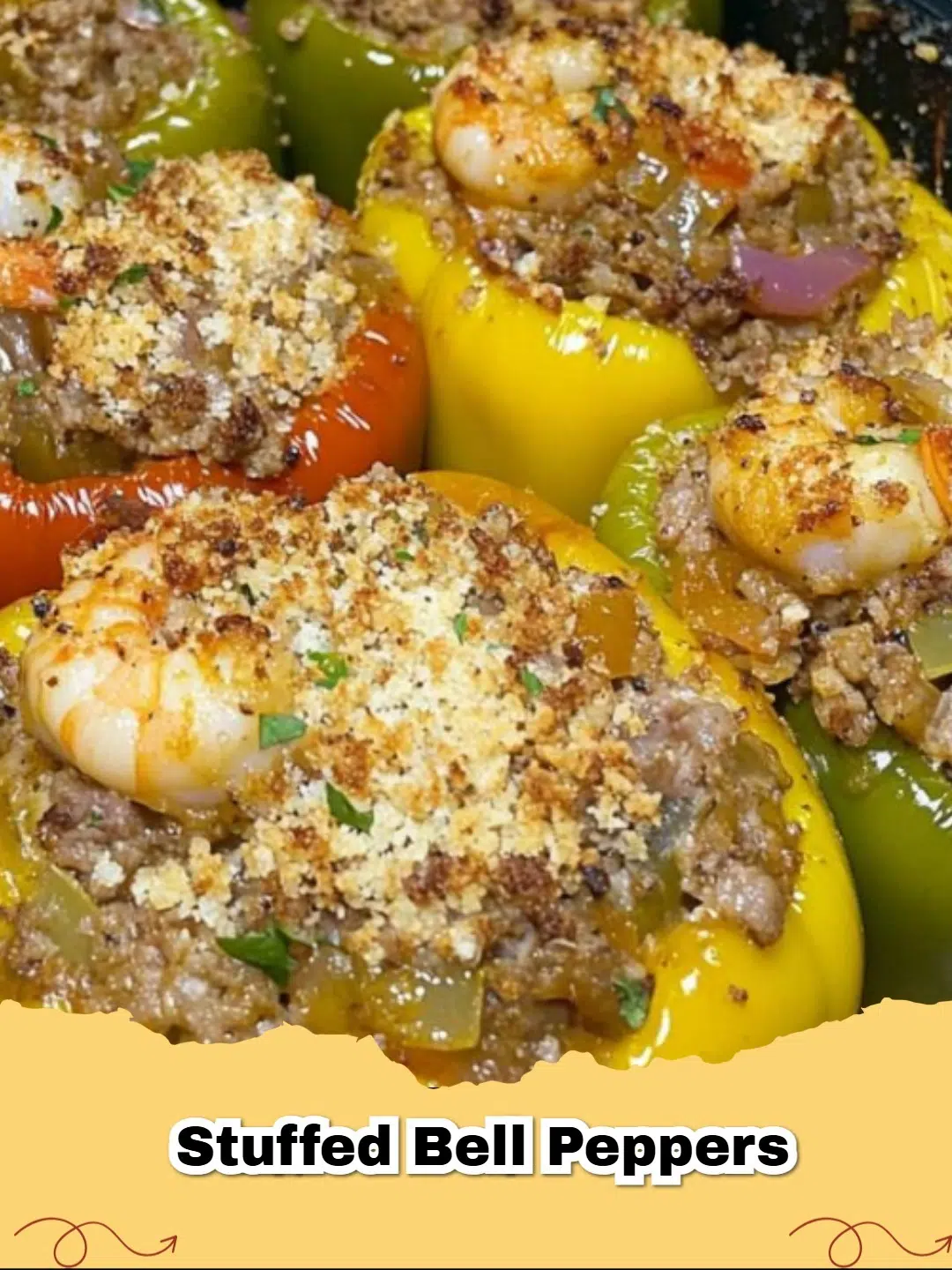 Classic Stuffed Bell Peppers with savory ground beef and rice filling