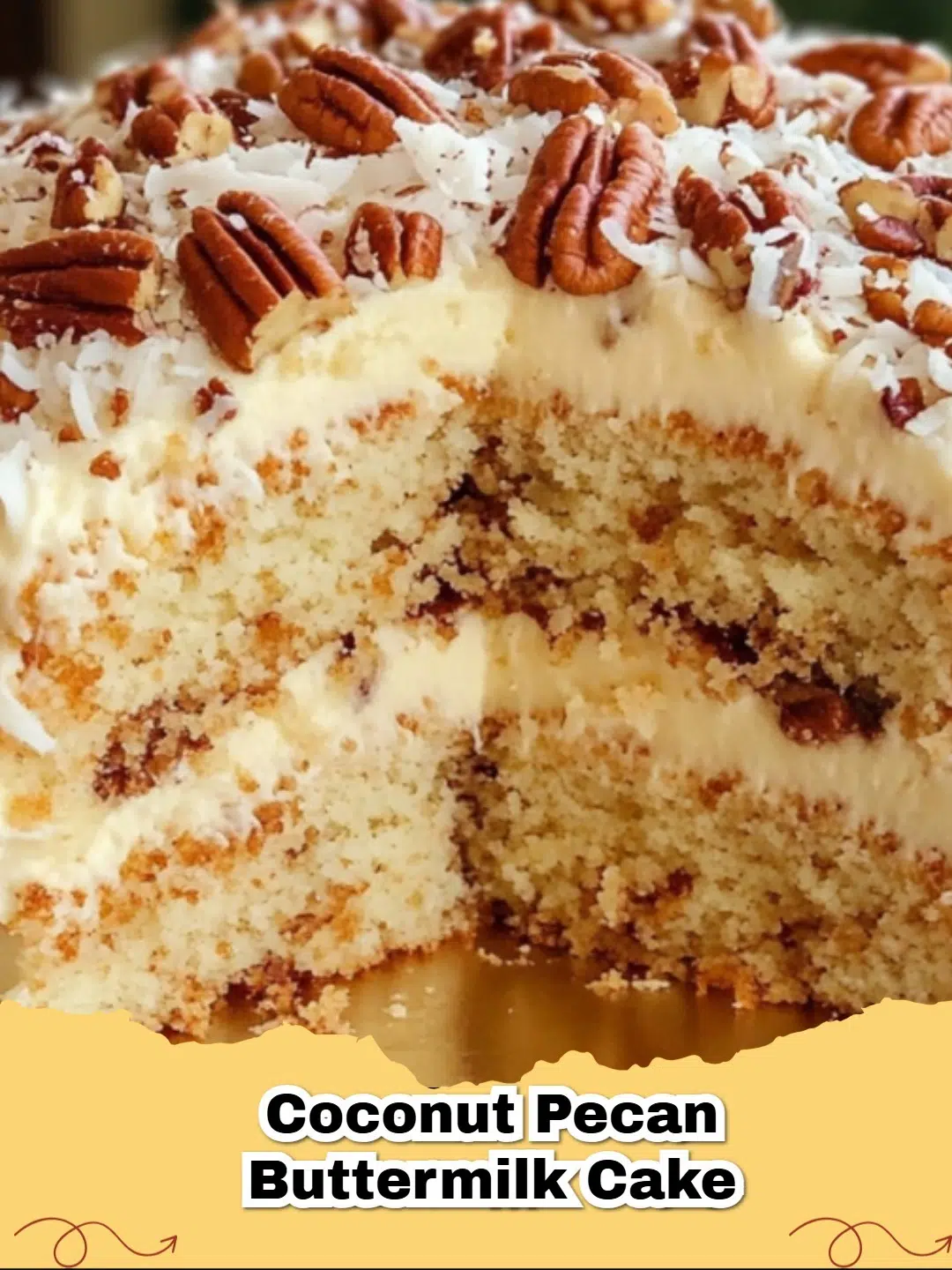 A close up slice of moist Coconut Pecan Buttermilk Cake with cream cheese frosting