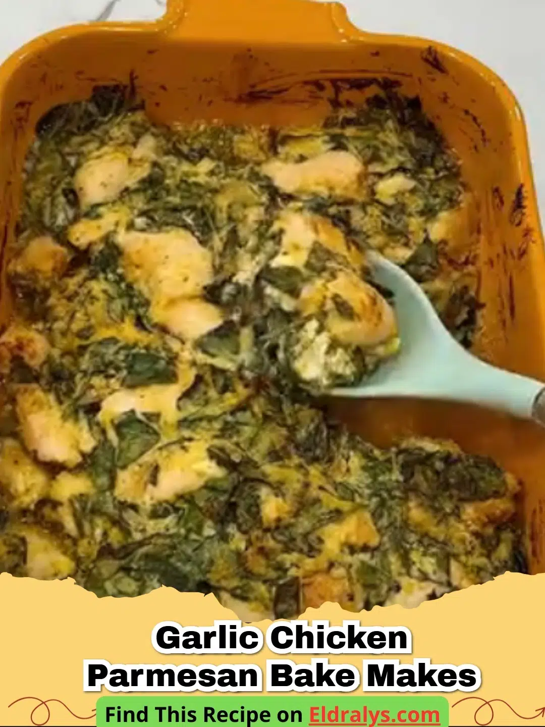 Golden brown Creamy Garlic Parmesan Chicken Bake in a white ceramic dish