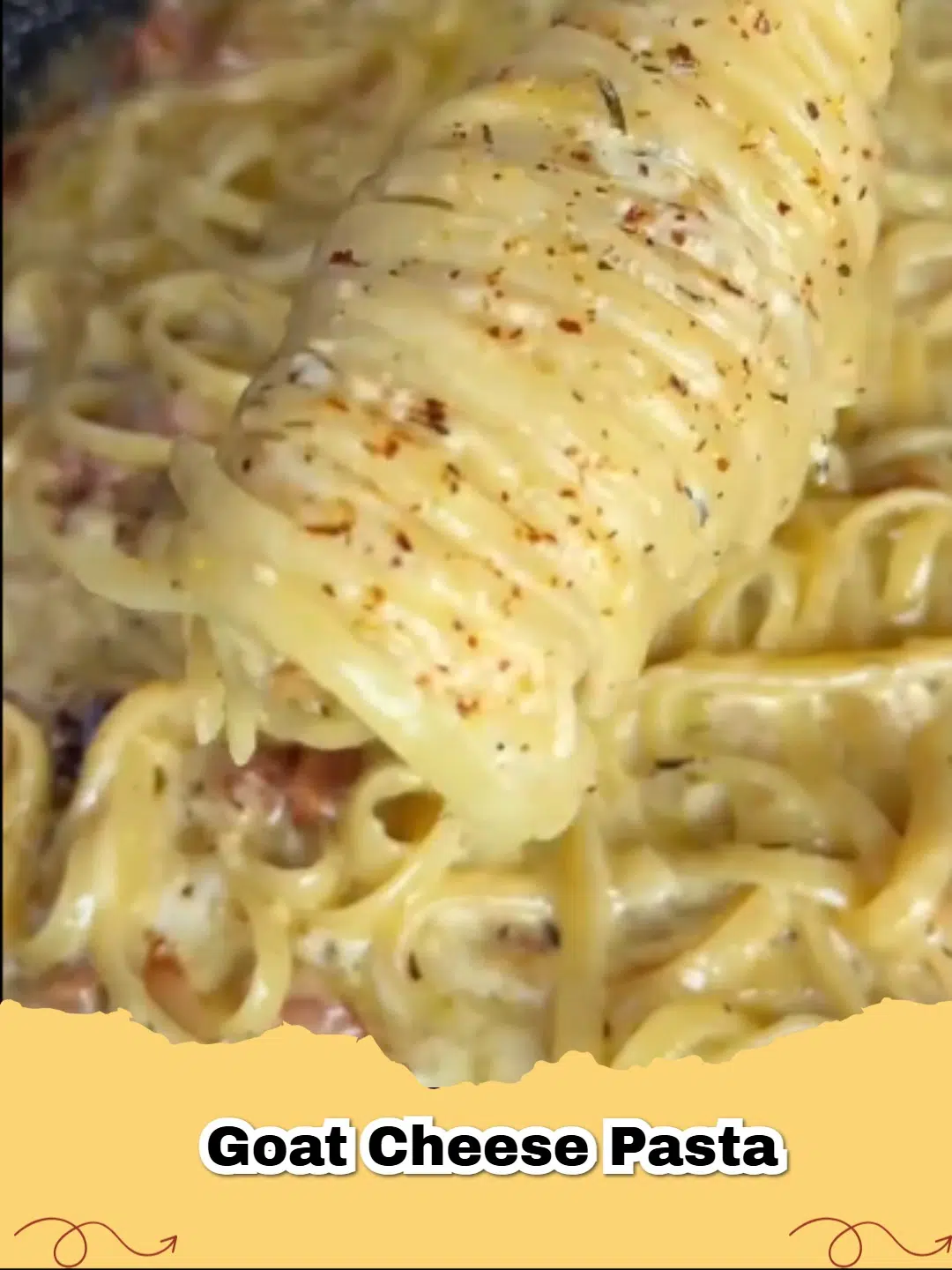 A close up shot of Creamy Goat Cheese Pasta with Bacon garnished with parsley in a white bowl
