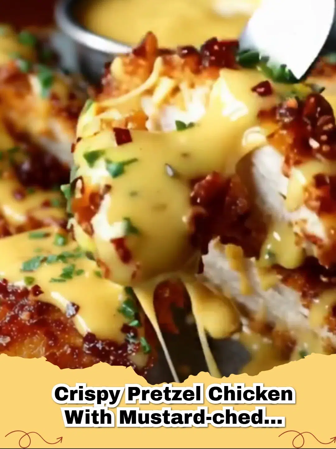 Golden brown Crispy Pretzel-Crusted Chicken with Mustard-Cheddar Sauce drizzled with yellow cheese sauce.