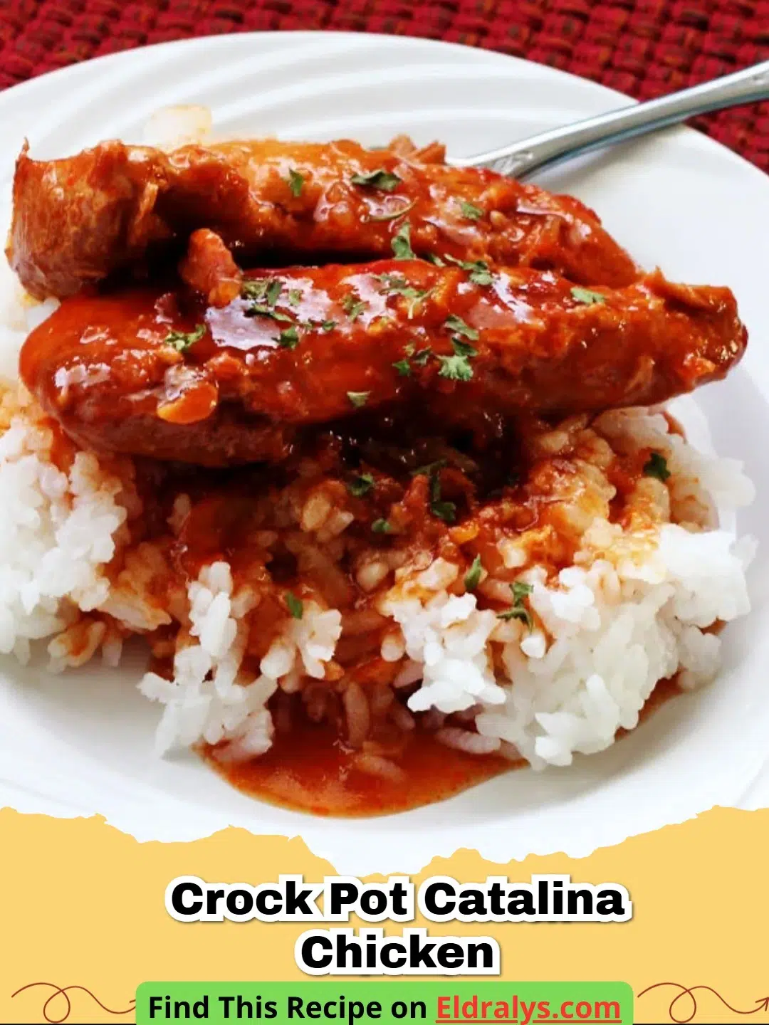 A close up view of Crock Pot Catalina Chicken served over white rice with a glossy red glaze.