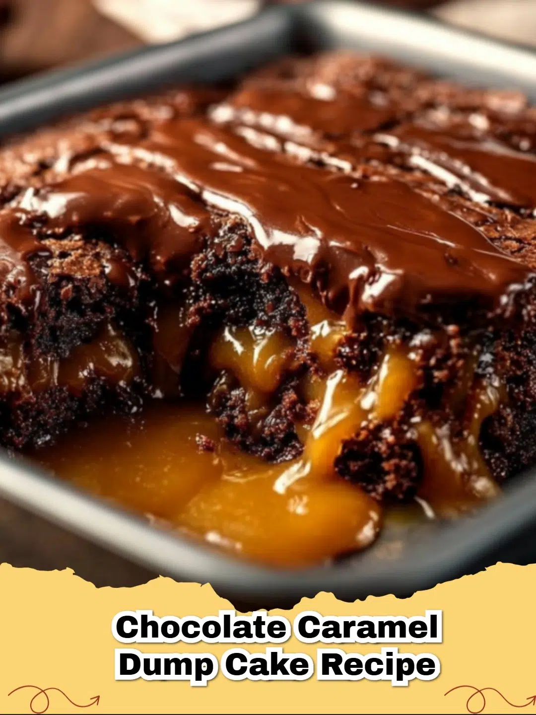 A close up shot of a slice of Easy Chocolate Caramel Dump Cake with gooey caramel oozing from the center.