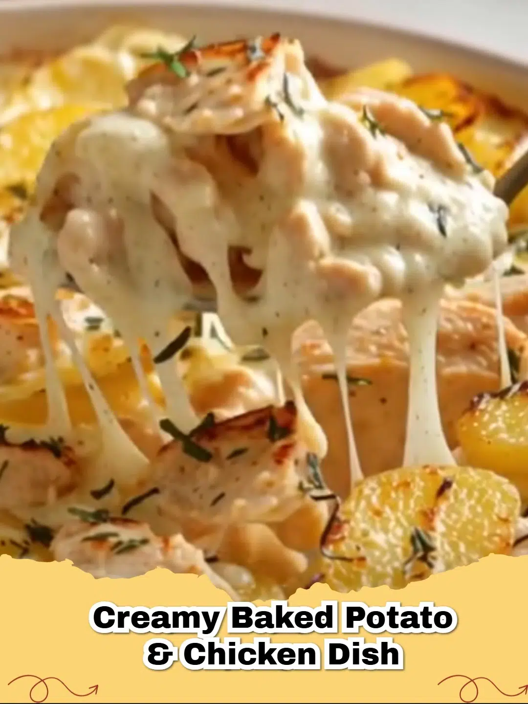 Close-up of golden Easy Creamy Baked Chicken and Potatoes in a baking dish, garnished with fresh parsley.