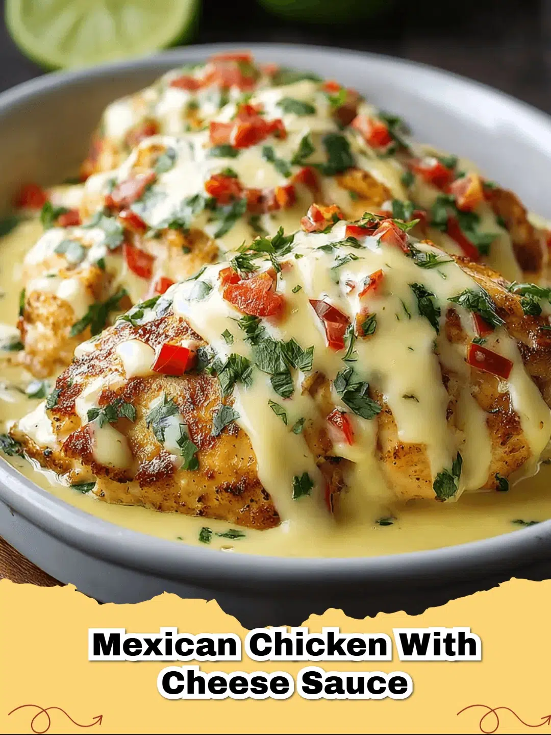 A close up shot of Easy Mexican Chicken with Cheese Sauce garnished with cilantro