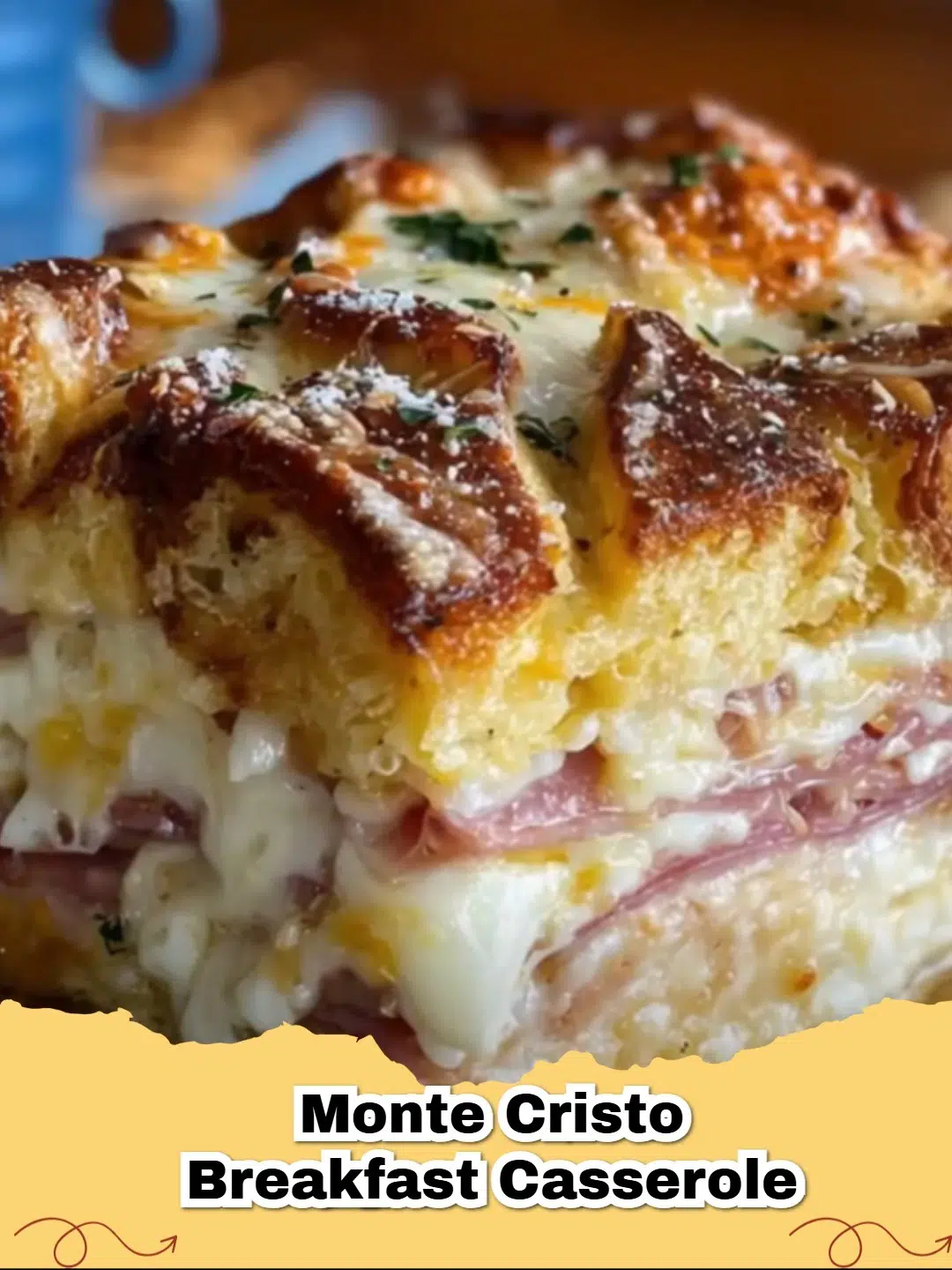 A golden brown Easy Monte Cristo Breakfast Casserole dusted with powdered sugar and served with raspberry jam.